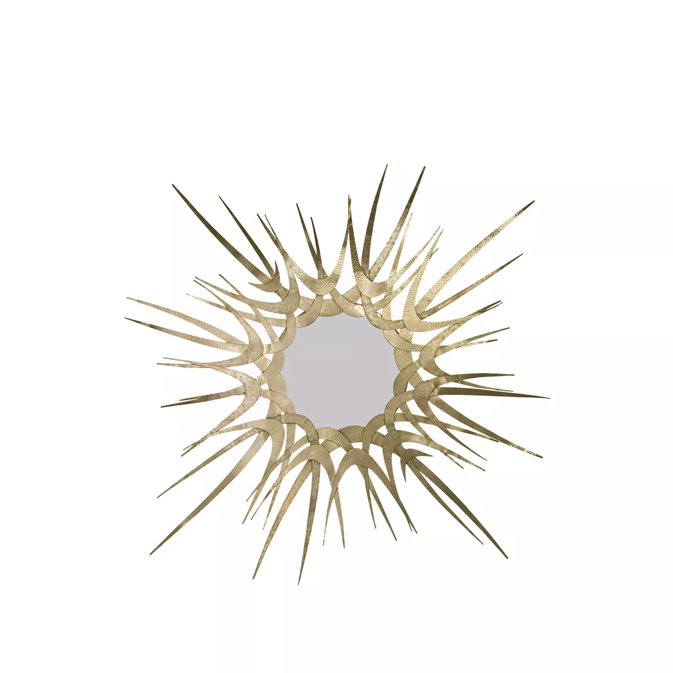 Elegant Guilt Mirror with dramatic sunburst design in textured golden tones and mirrored center.
