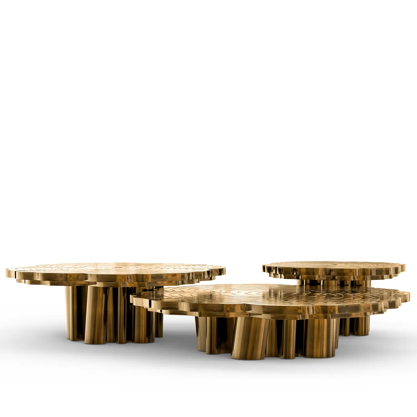 The luxurious Fortuna Patina Center Table set, showcasing its unique, high-shine golden design.