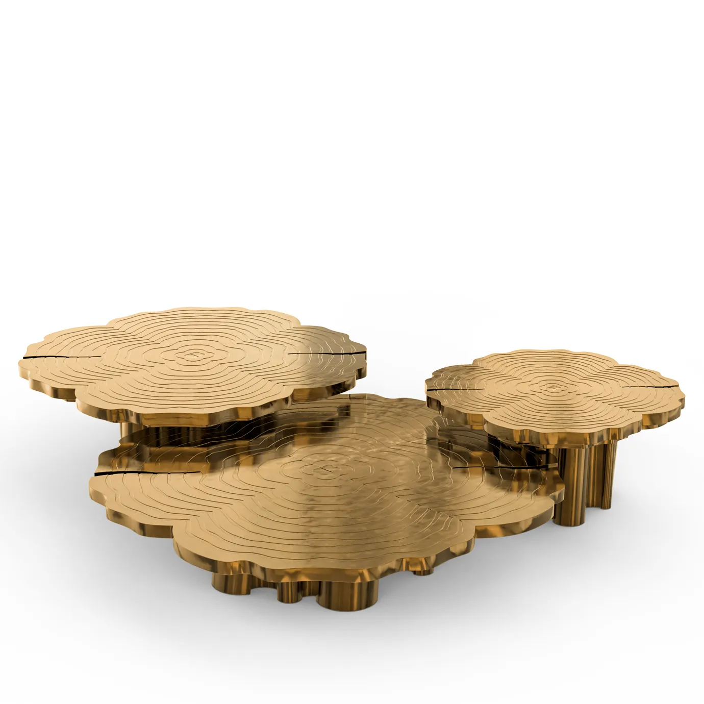 Luxurious Fortuna Brass Nesting Center Table set, showcasing its unique, high-shine golden design.
