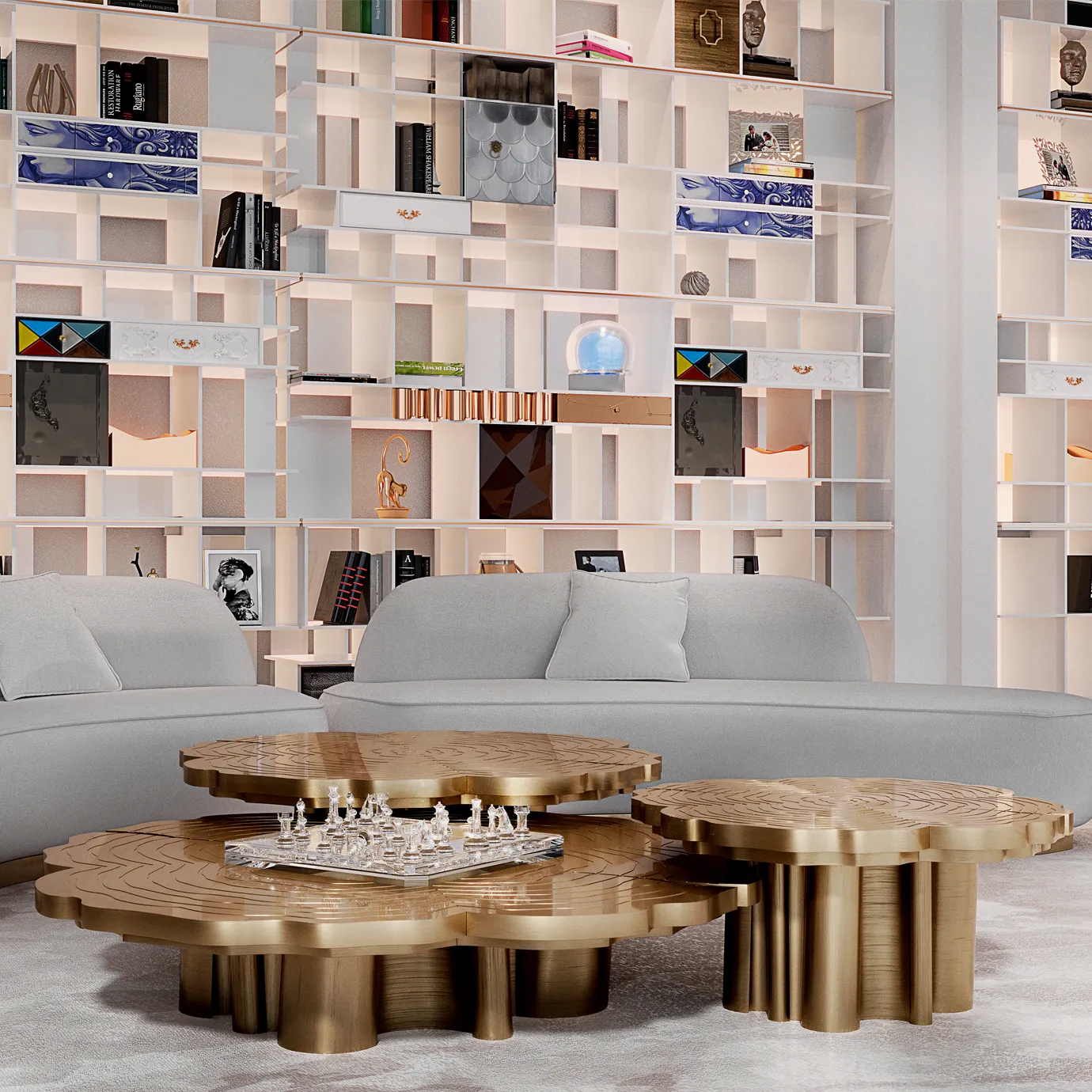 Luxurious living room featuring Fortuna Patina Center Table and Boca do Lobo bookcase.
