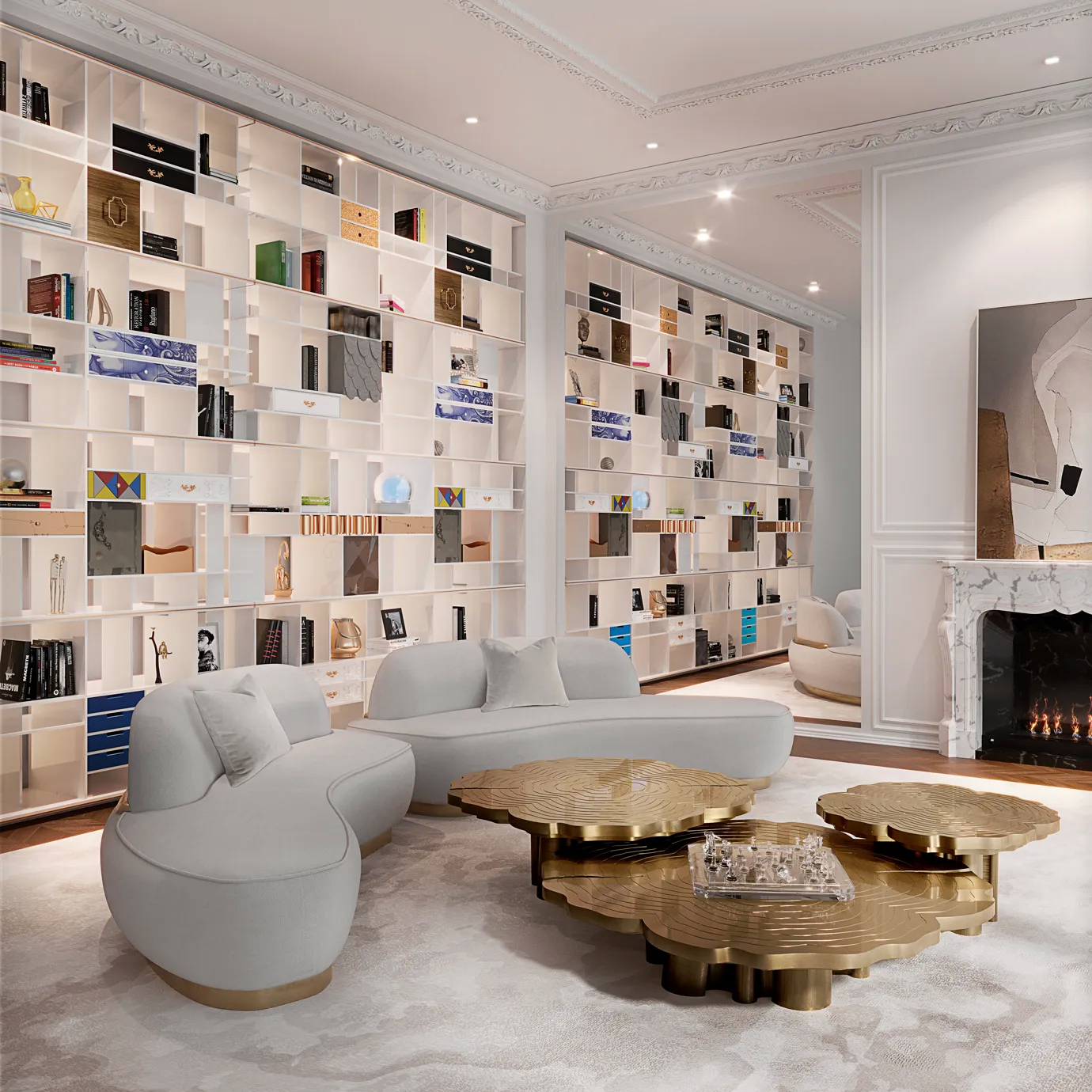 Elegant living room with the luxurious Fortuna Center Table set and a prominent bookcase.