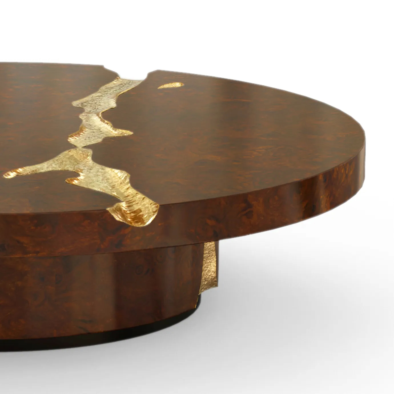 Close-up of the luxurious Empire Walnut Coffee Table's rich wood and gold detail.