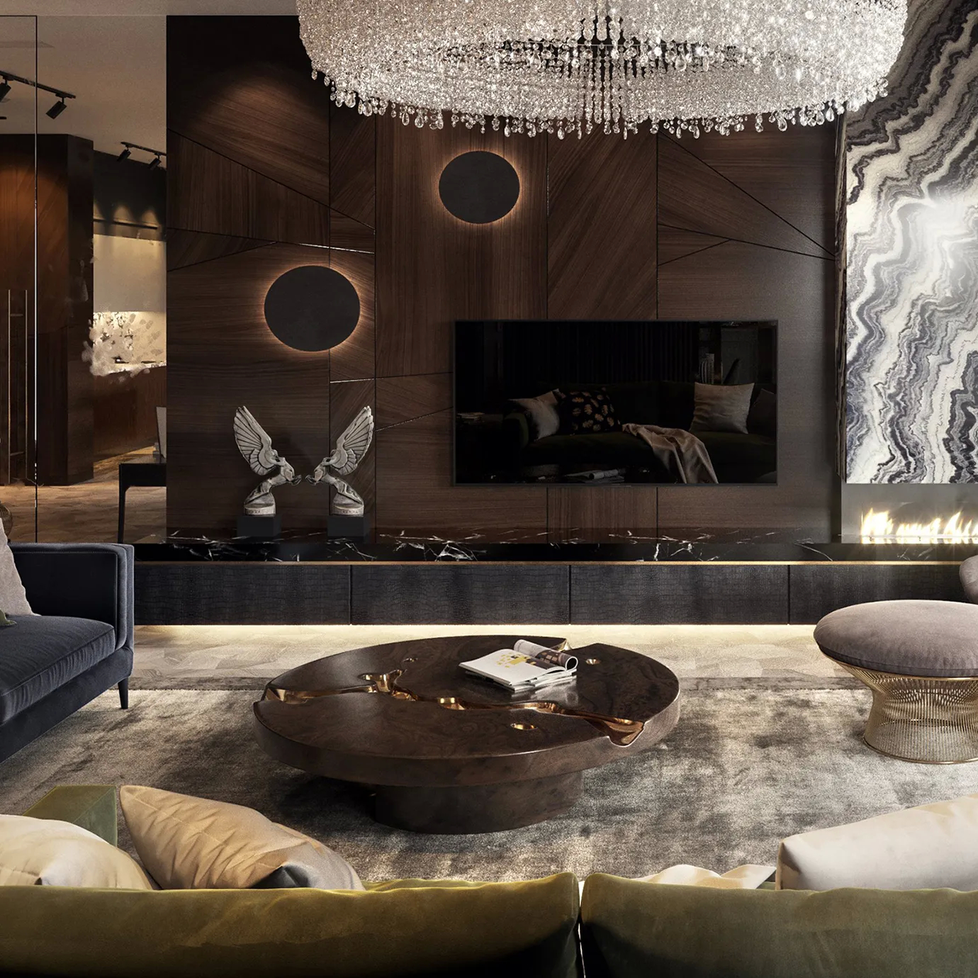Luxurious living room featuring the Empire Walnut Center Table with gold accents.