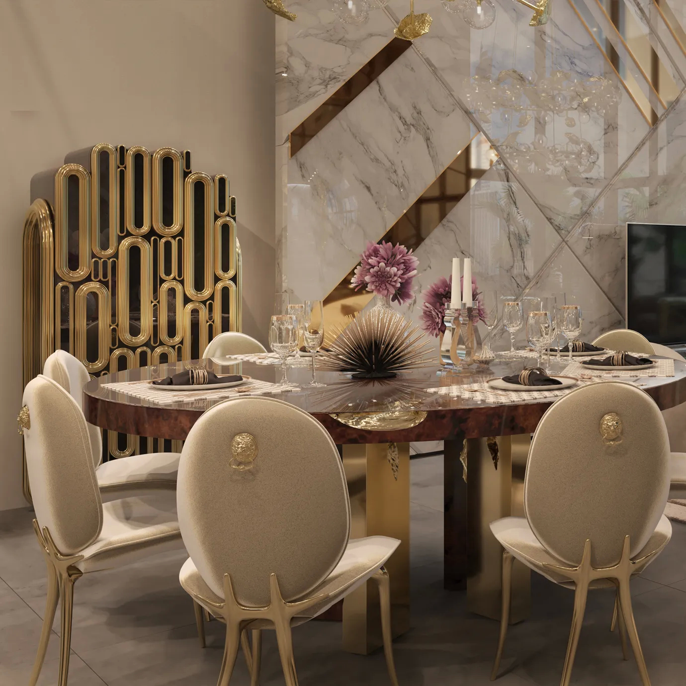 Cream Soleil chair with curved backrest and polished brass legs in a room setting.