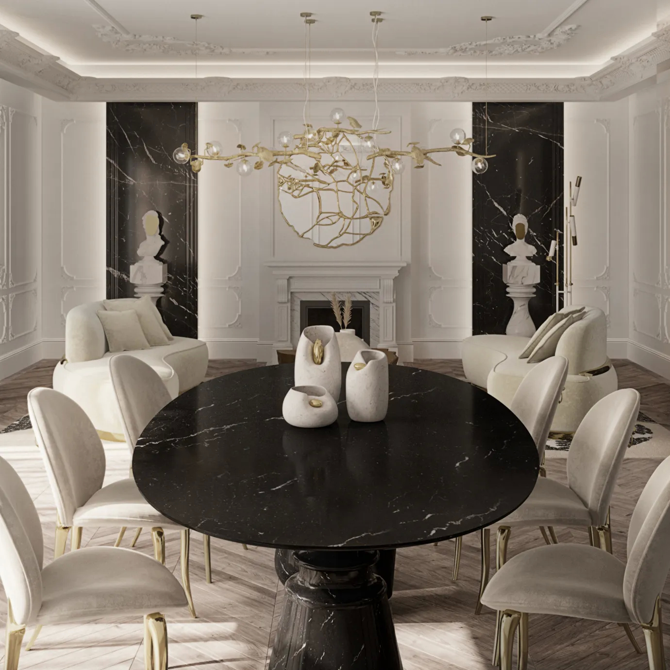 Cream Soleil chair with curved backrest and polished brass legs in a pastel-toned room.