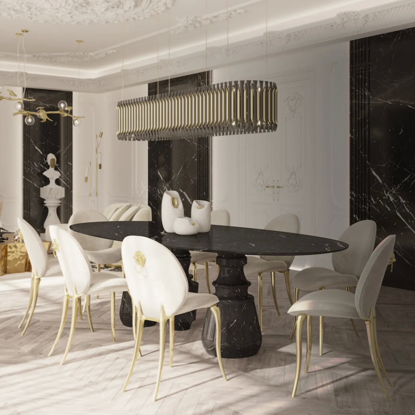 Cream Soleil chair with curved backrest and polished brass legs in a pastel-toned room.