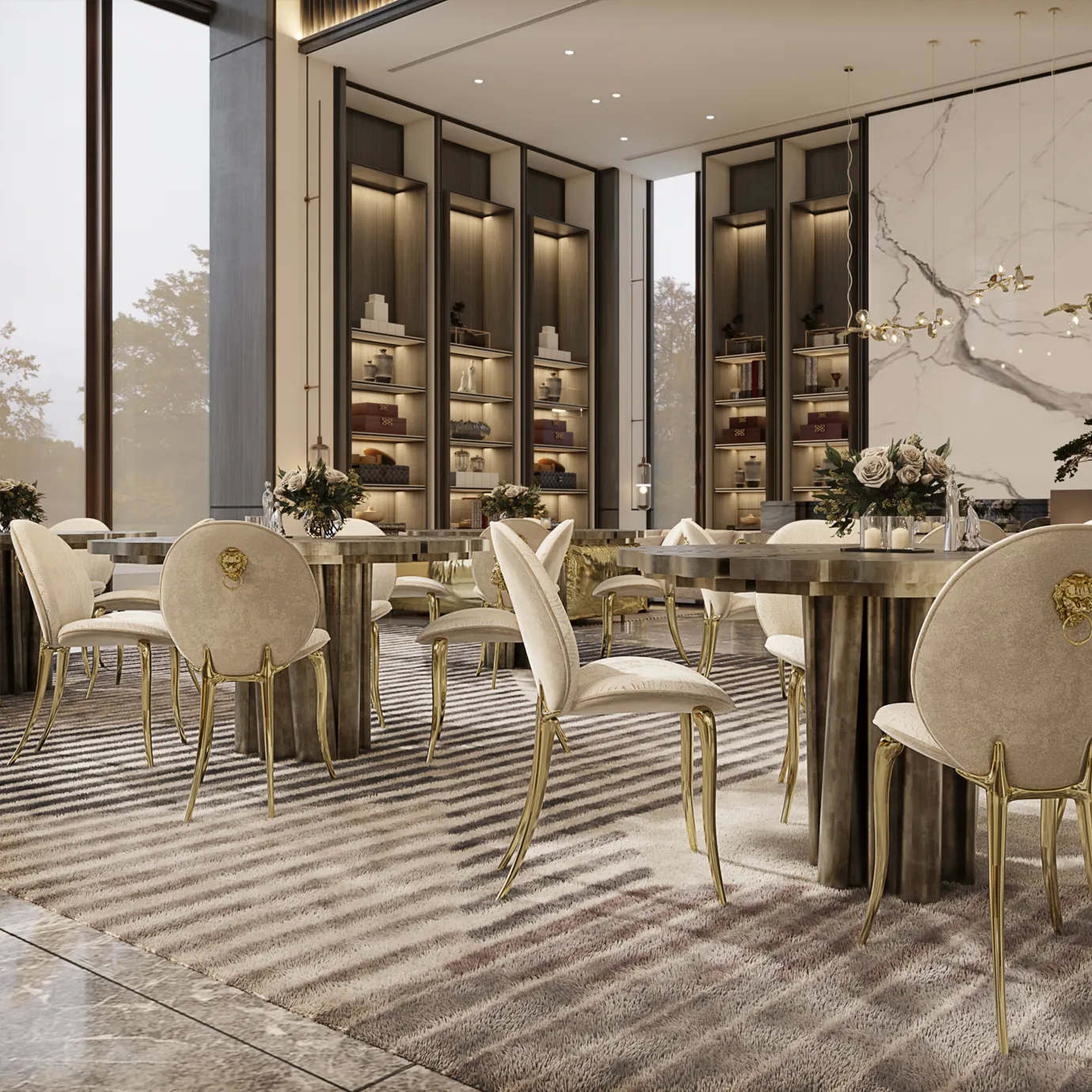 Cream Soleil chair with curved backrest and brass legs in a neutral, elegant interior setting.