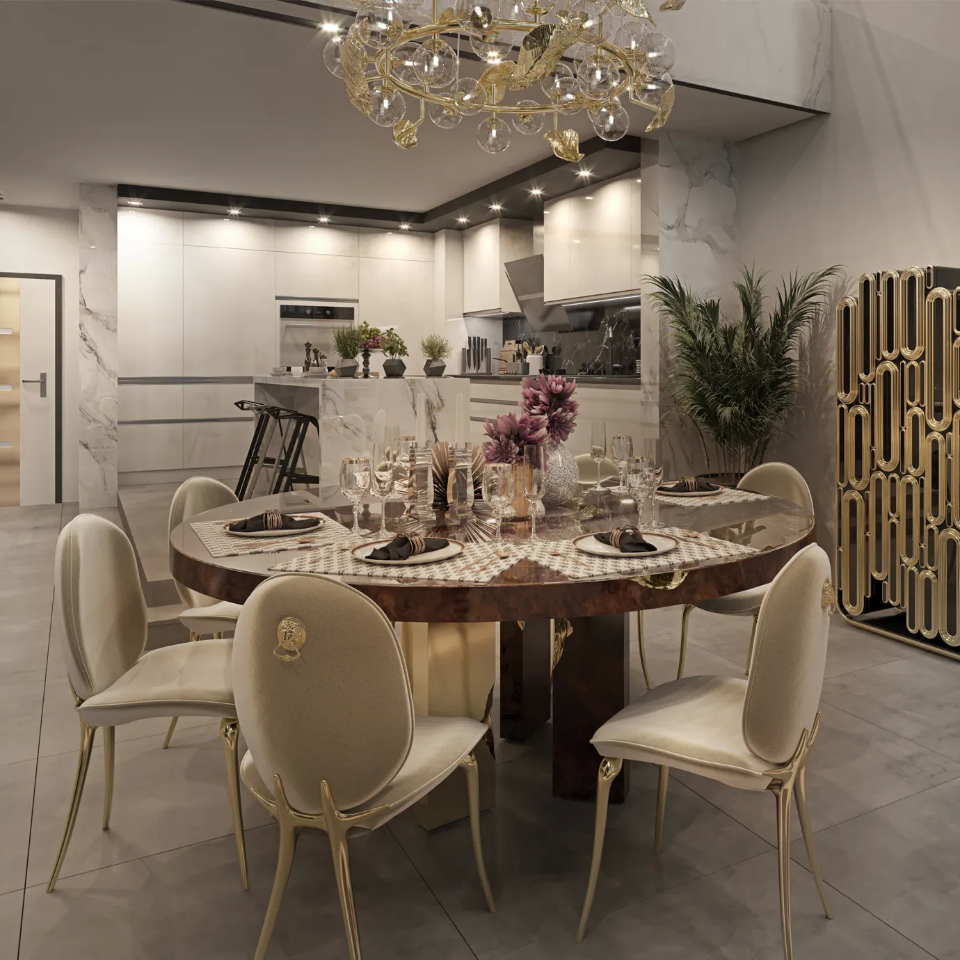 Cream Soleil chairs with curved backs and polished brass legs arranged around a dining table.