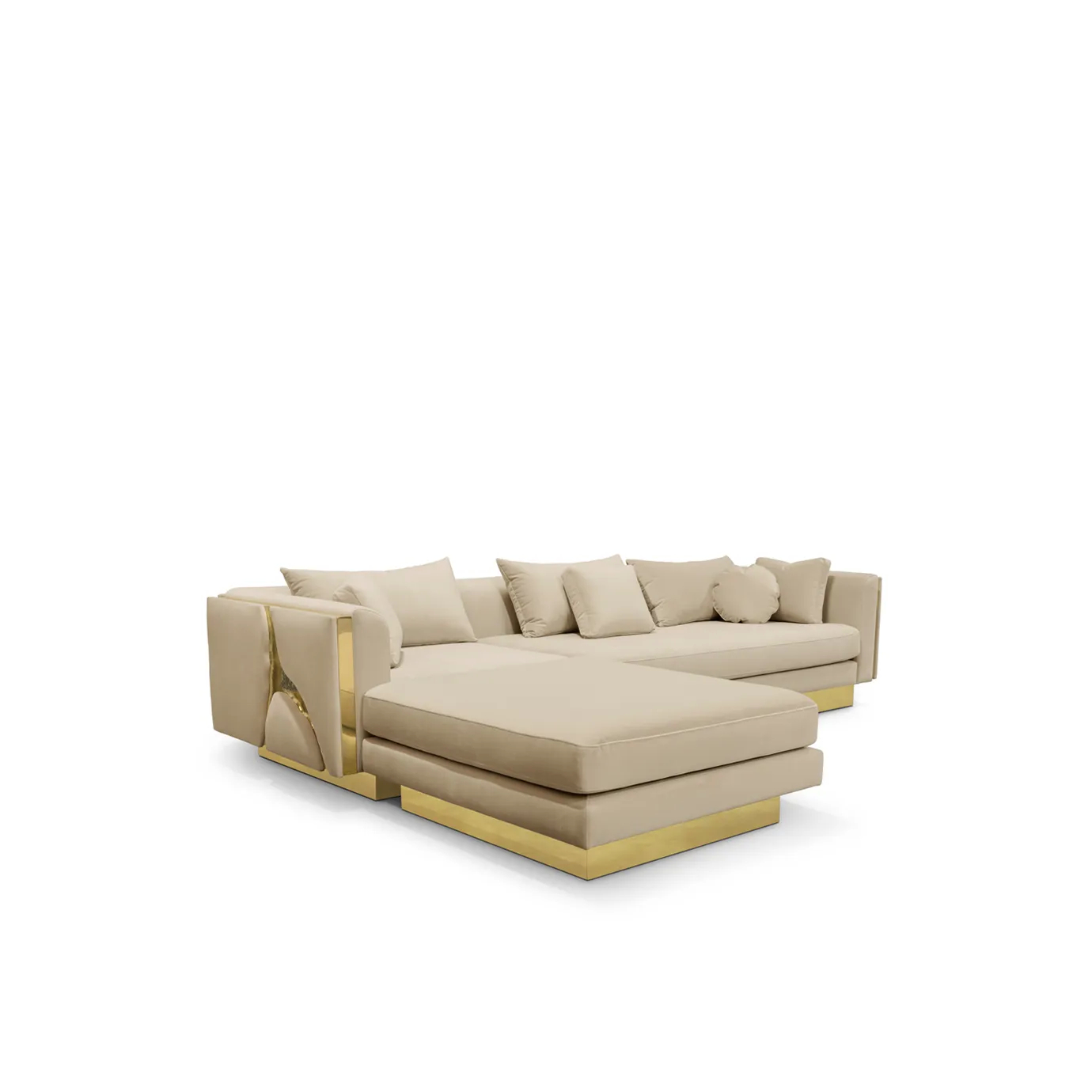 A luxurious L-shaped modular sofa with polished brass accents and plush beige upholstery.