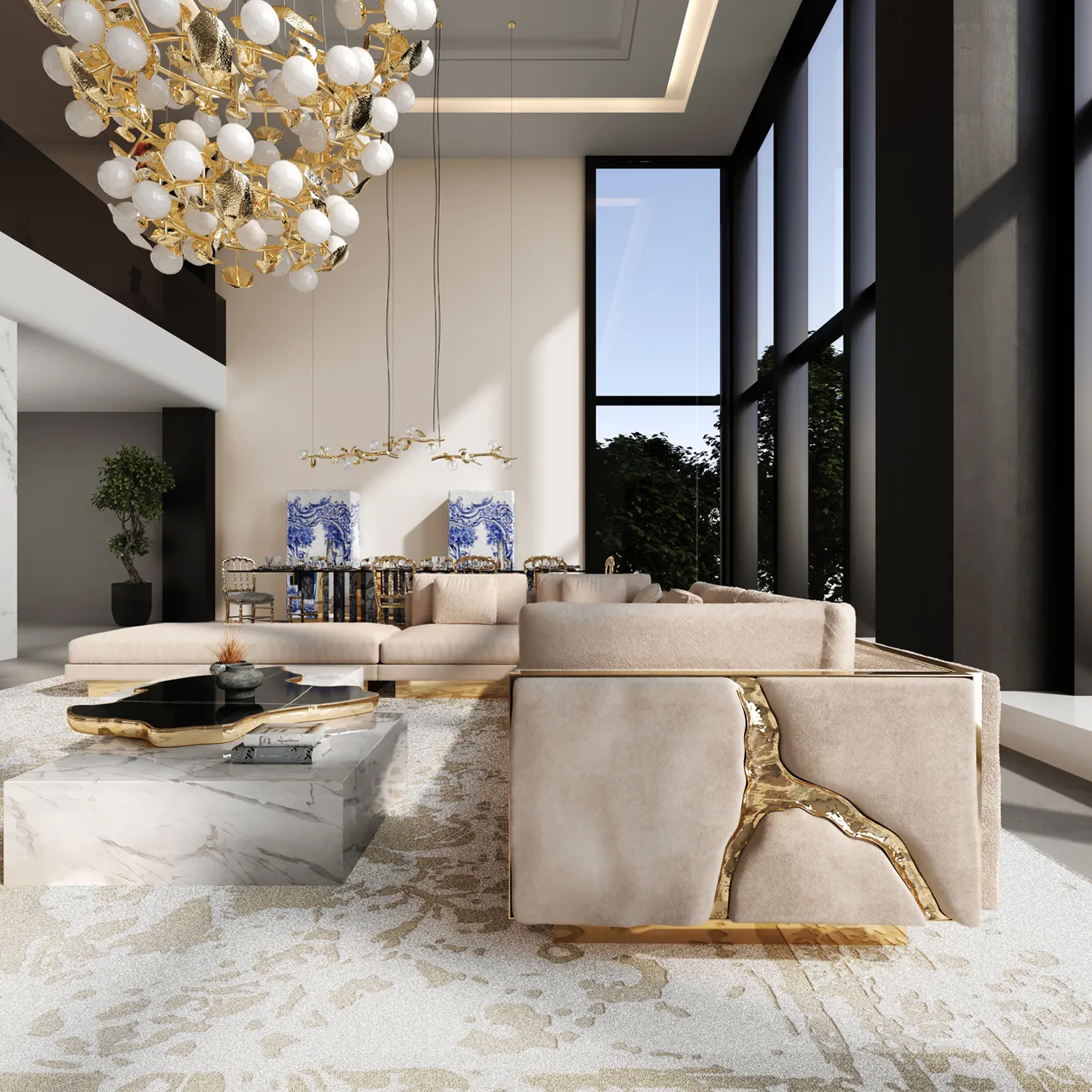 Side view of modular sofa highlighting brass and fabric contrast.