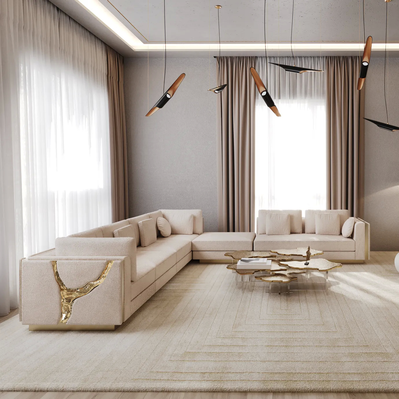Modular sofa in a luxurious room with golden accents and neutral-toned decor.