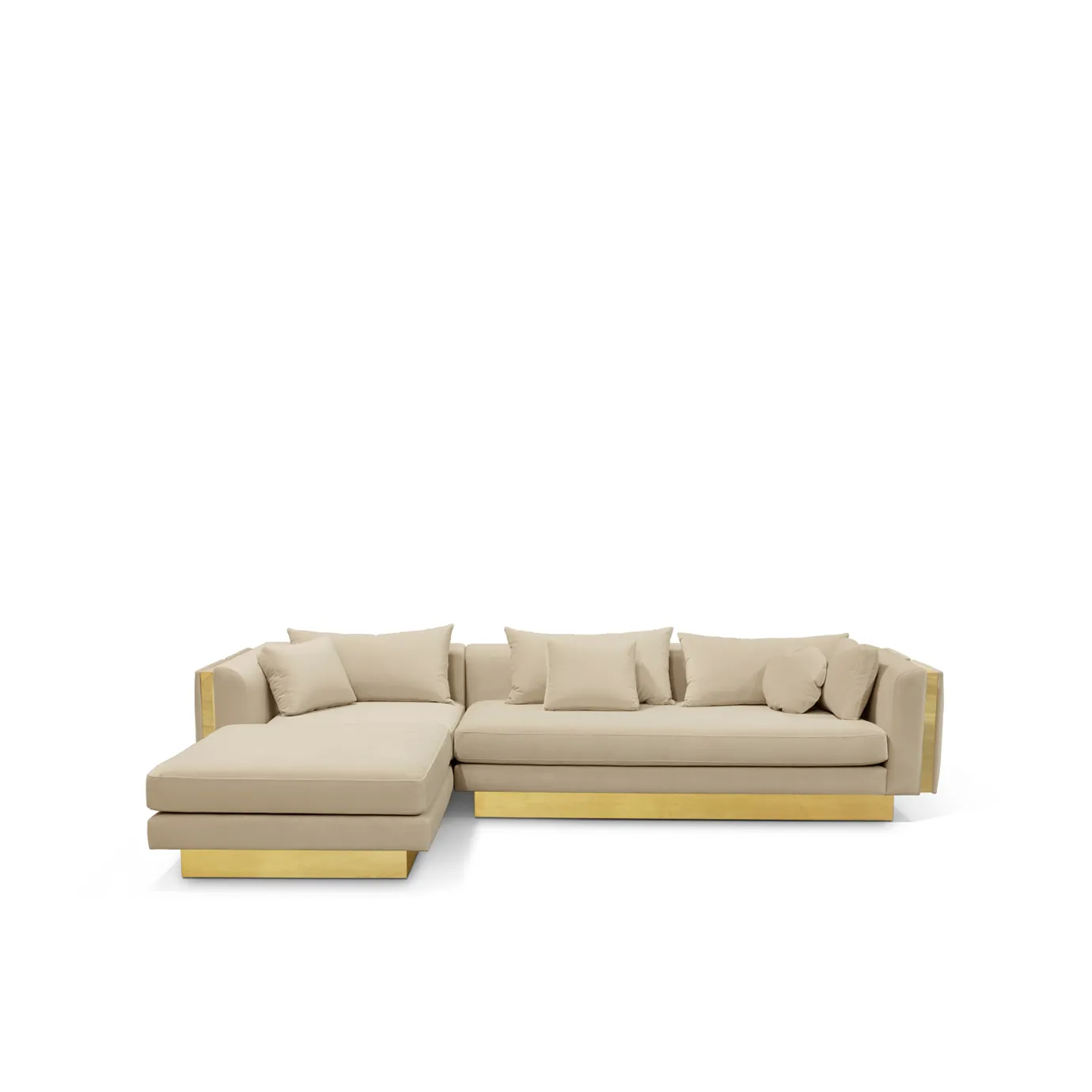 Luxurious modular sofa with polished brass accents and plush velvet upholstery.