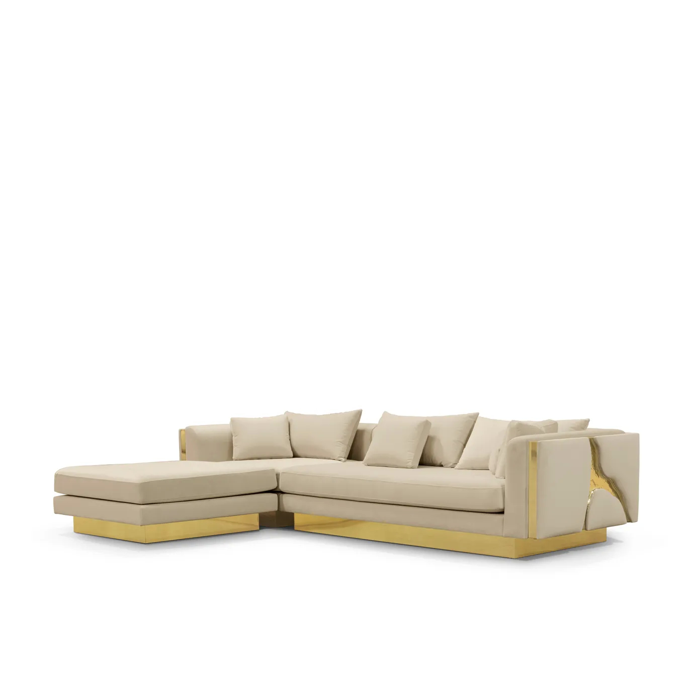 Luxurious modular sofa with polished brass accents and velvet upholstery