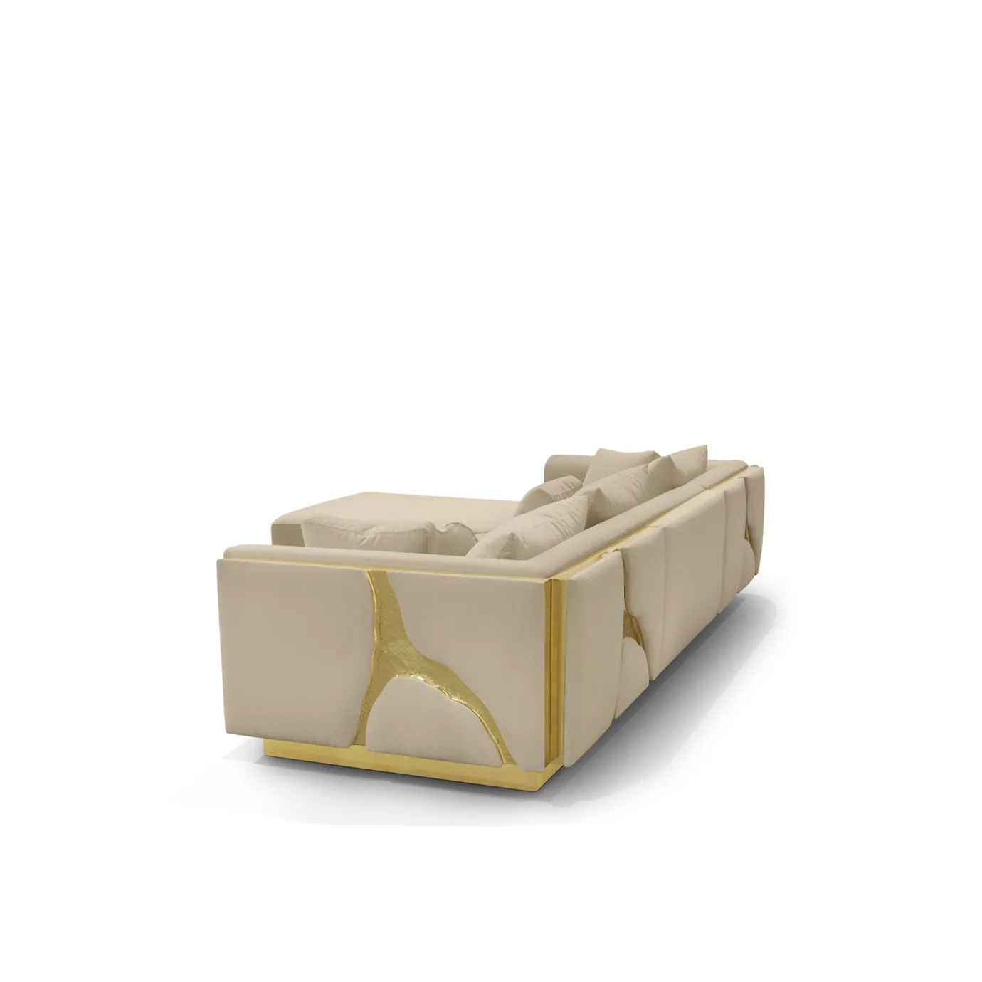Modular sofa with polished brass accents and velvet upholstery