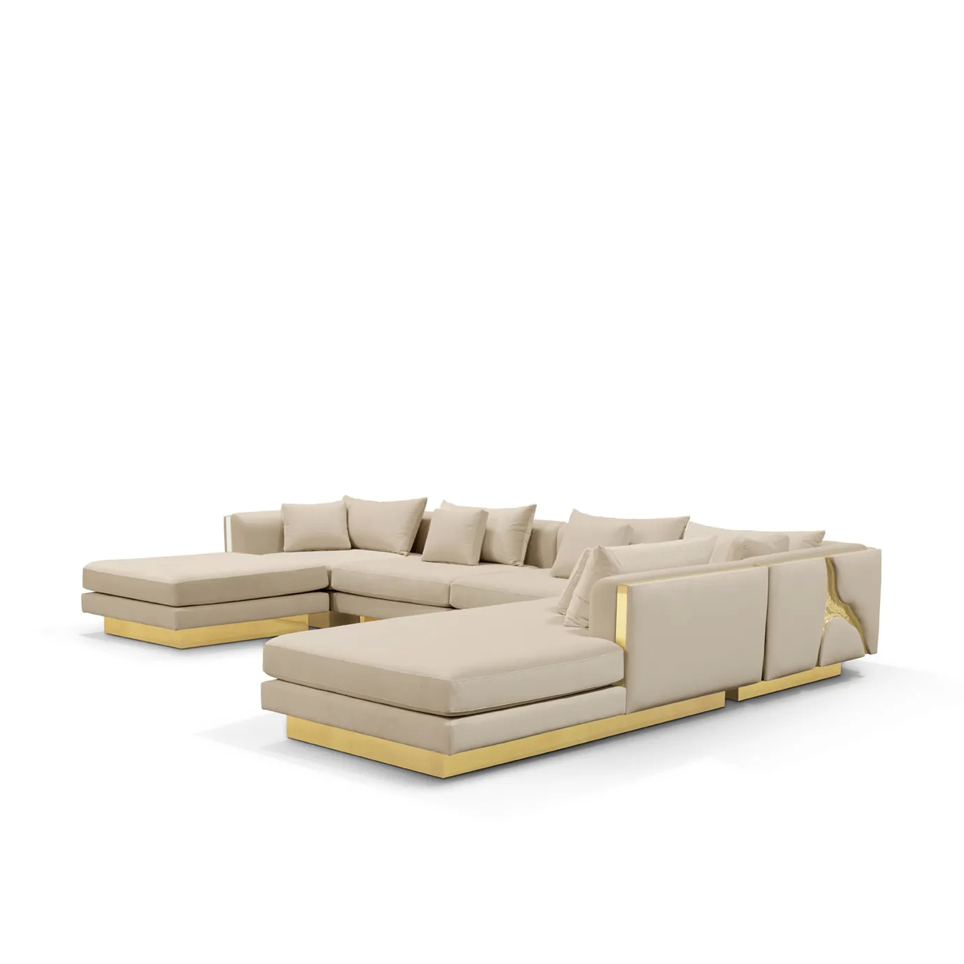Curved modular sofa with polished brass accents and velvet upholstery