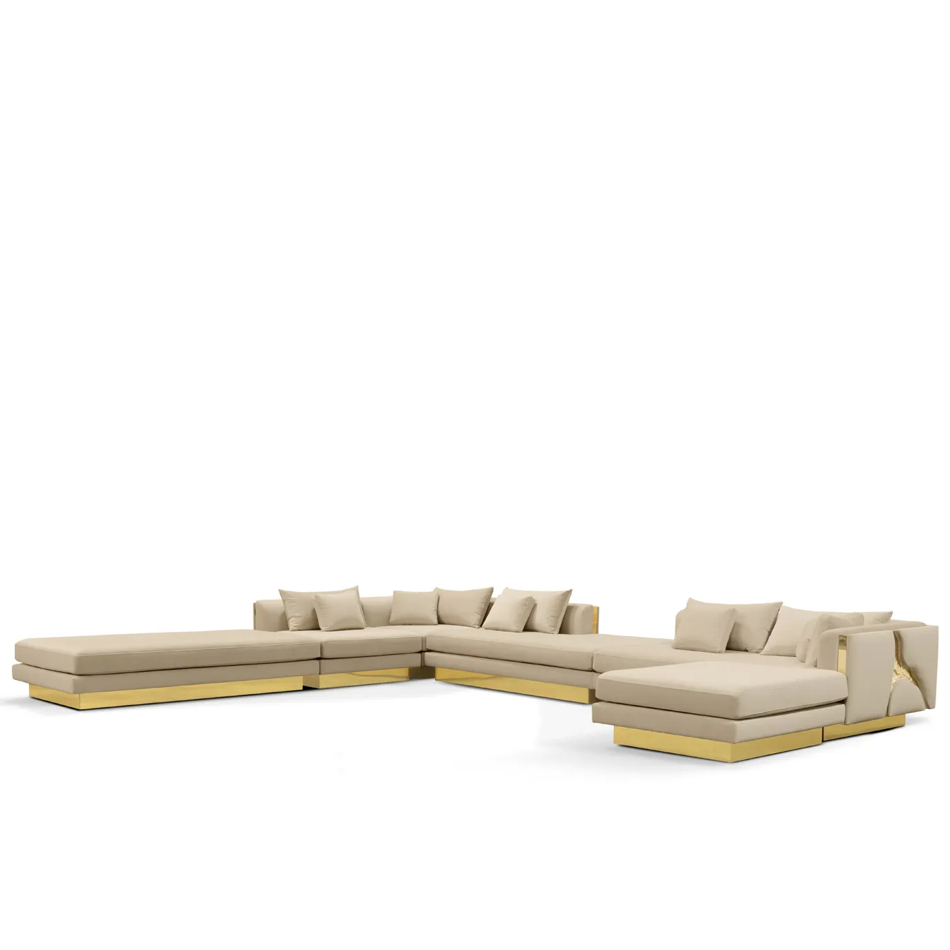 Luxurious modular sofa with gold accents and velvet finish in an elegant living space.