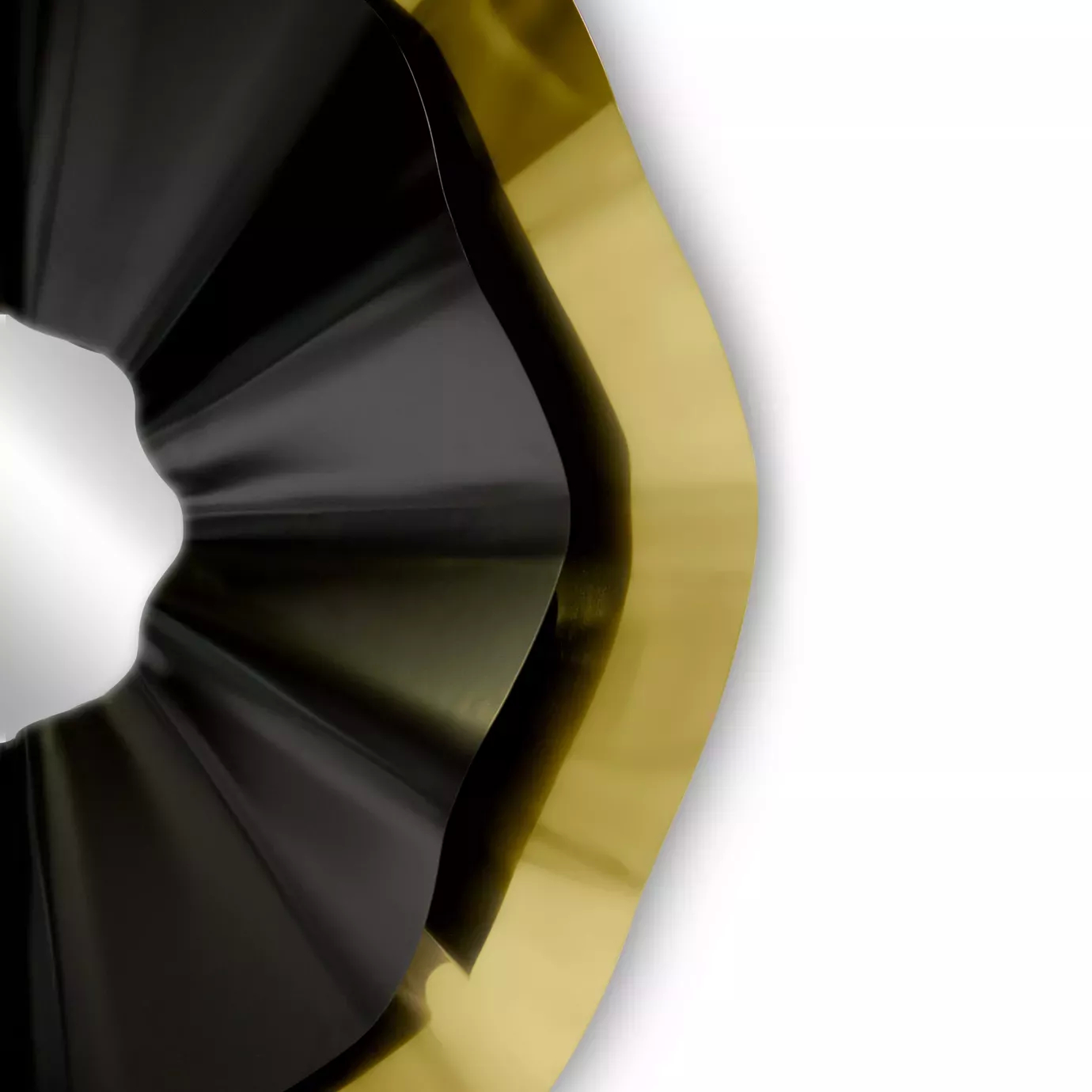 Close look on the Revê 2 Tier Mirror, a convex mirror which frame has two rings, a black and a golden one that arch back and forth.