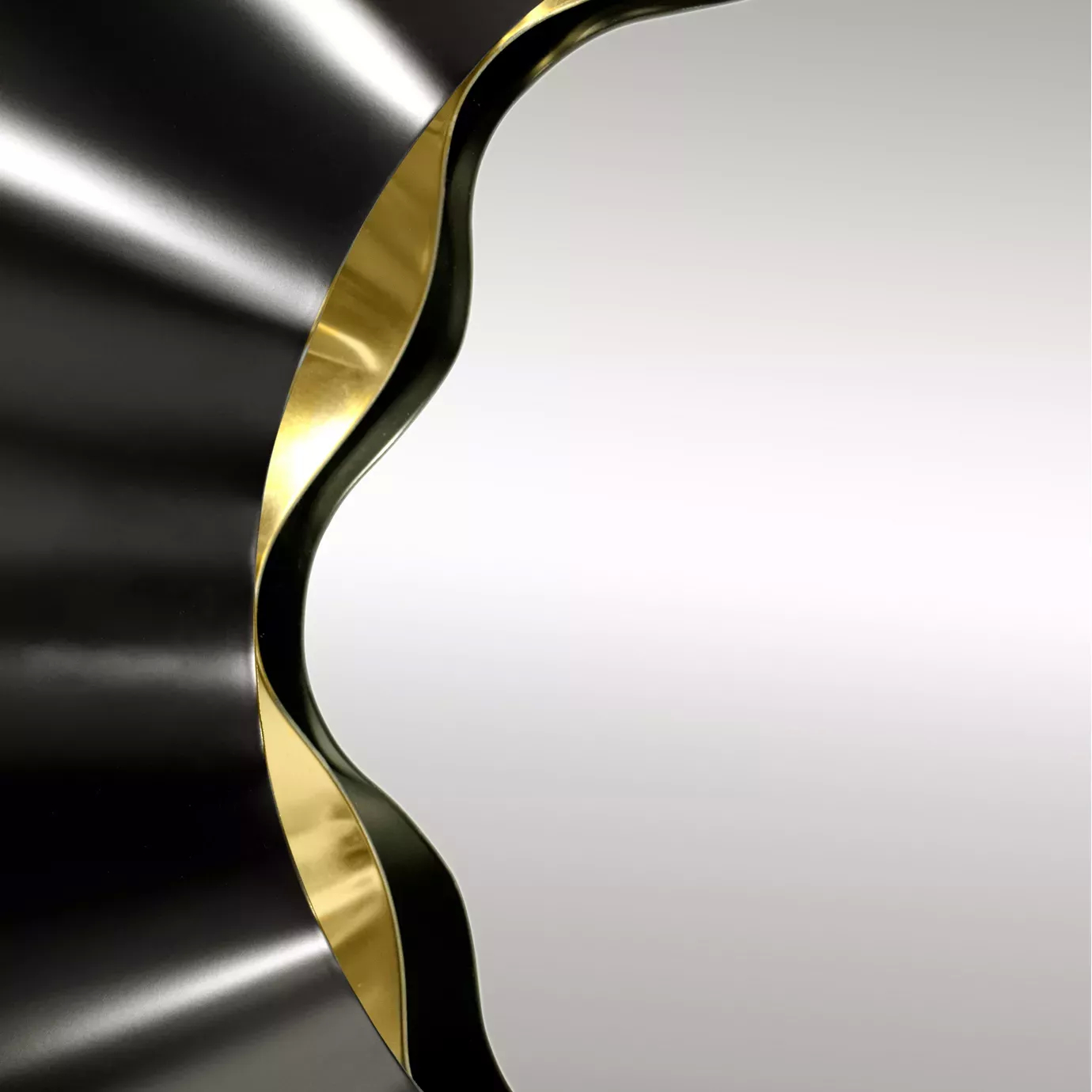 Detailed view of the Revê 2 Tier Mirror’s convex mirror centered between two rings, a black one on the inside and a golden one on the outside.