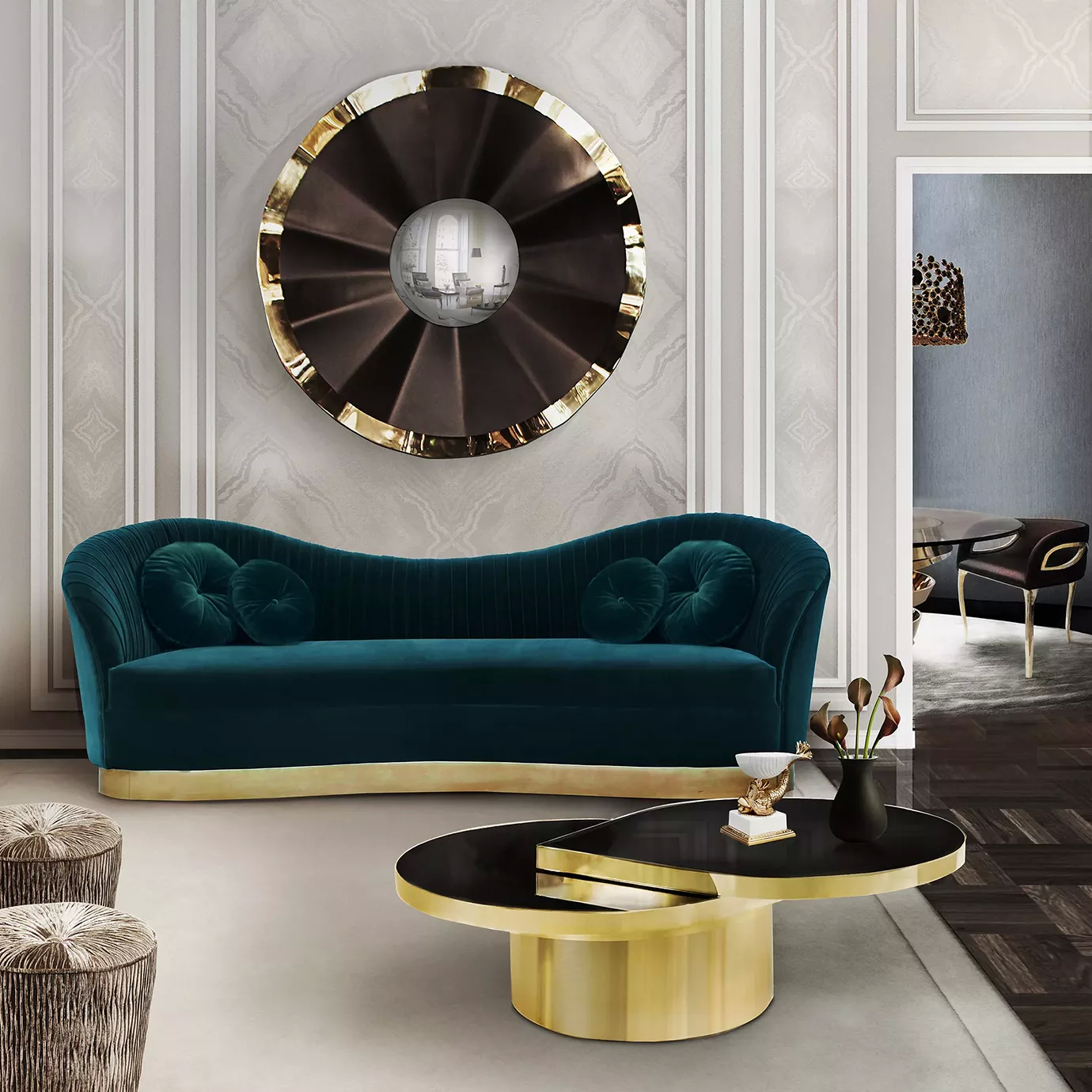 A modern living room with a dark green sofa and luxury Revê 2 Tier Mirror above it. The mirror features a two-ring frame, a black one on the inside and a golden one on the outside.  In front of the sofa, there is golden and black center table.