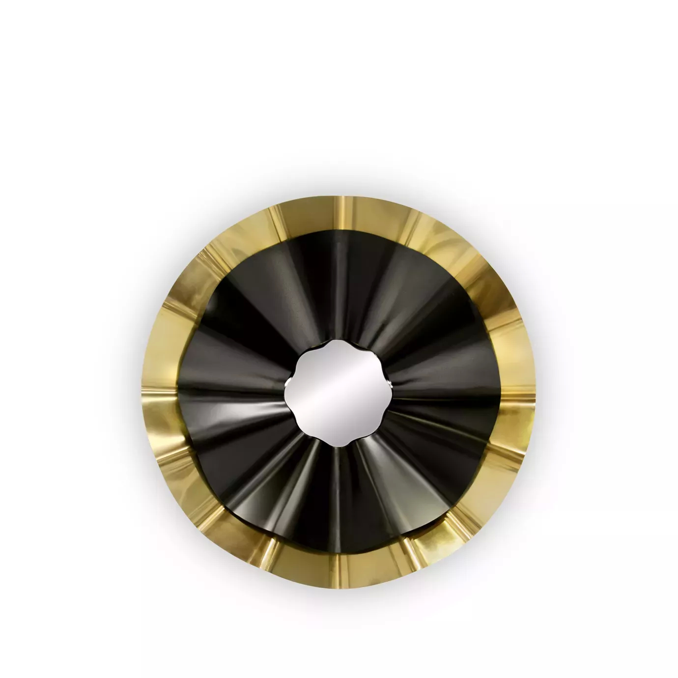 With two rings arching back and forth as a frame – a black one on the inside and a golden one on the outside – the Revê 2 Tier Mirror has a convex mirror in the center.
