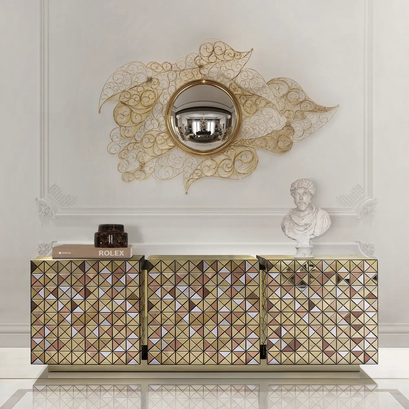 Filigree mirror with ornate metal frame enhances a luxurious bedroom interior, adding elegant decorative detail and timeless sophistication to the space
