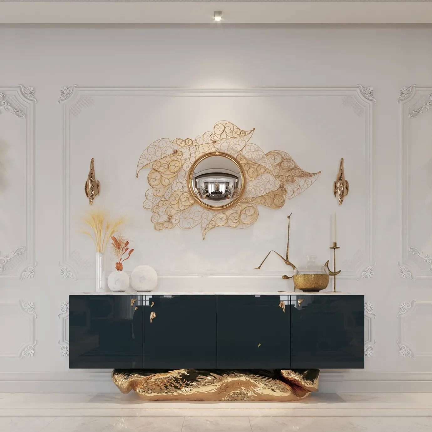 Filigree mirror with intricate metal frame displayed in a refined bedroom setting, showcasing elegant design and decorative luxury with antique detailing