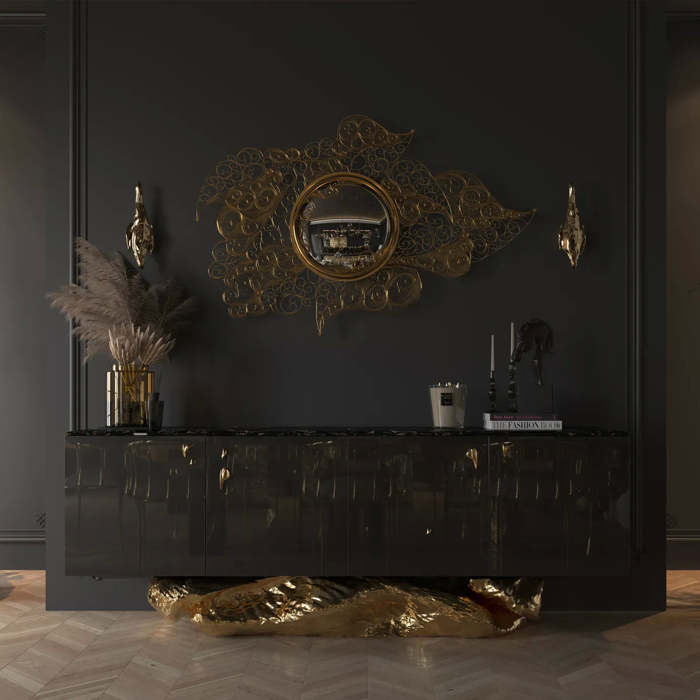 Filigree mirror with detailed metal frame placed in a stylish bedroom, showcasing elegant design and refined decorative appeal with antique-inspired detailing
