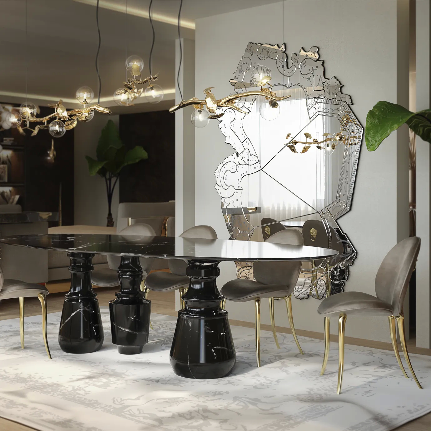 Venetian mirror with ornate gold frame displayed in a sophisticated bedroom, highlighting luxurious design and classic Italian-inspired craftsmanship