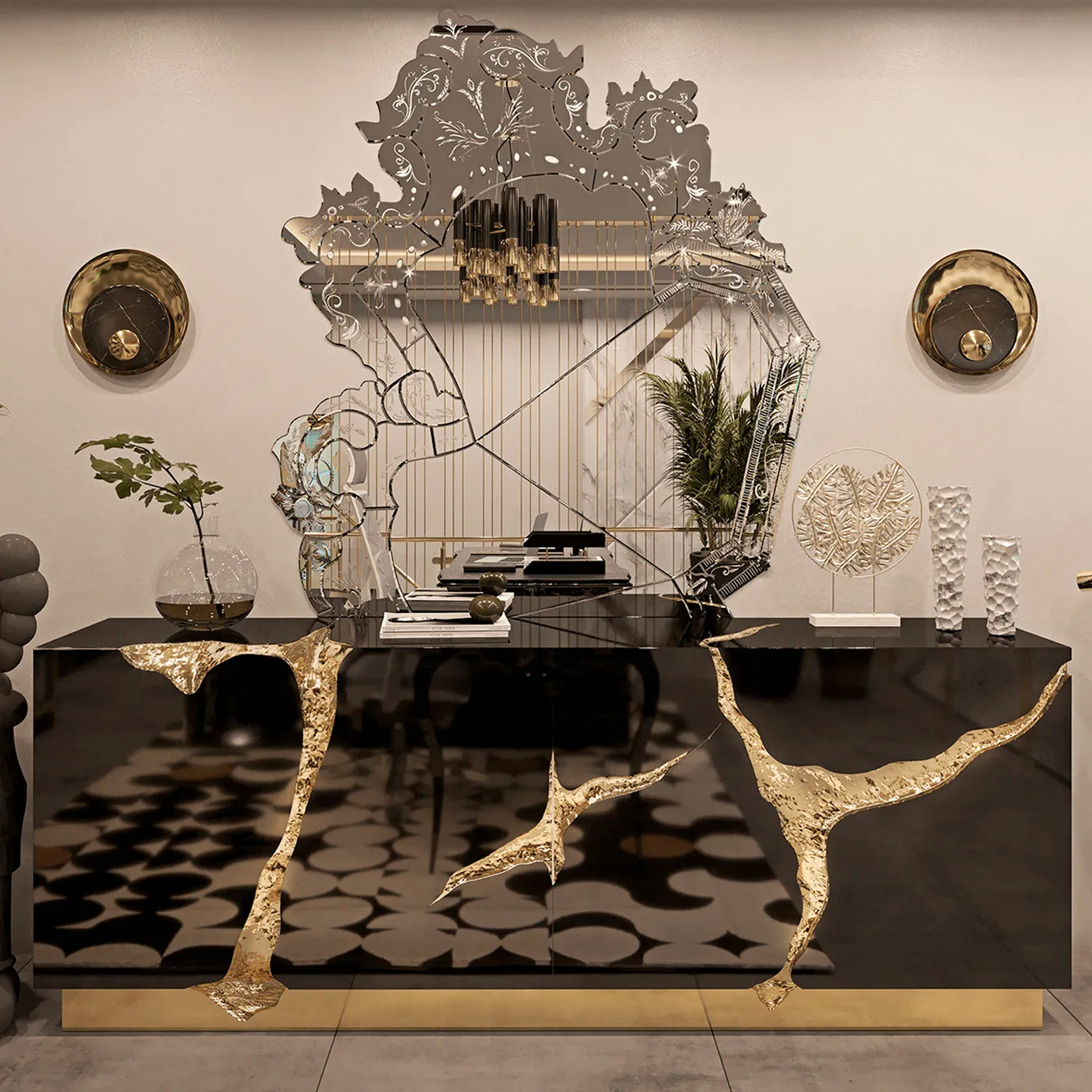 Close-up of the Venetian-style mirror’s ornate gold frame, highlighting intricate carvings and luxurious detailing in a refined interior setting