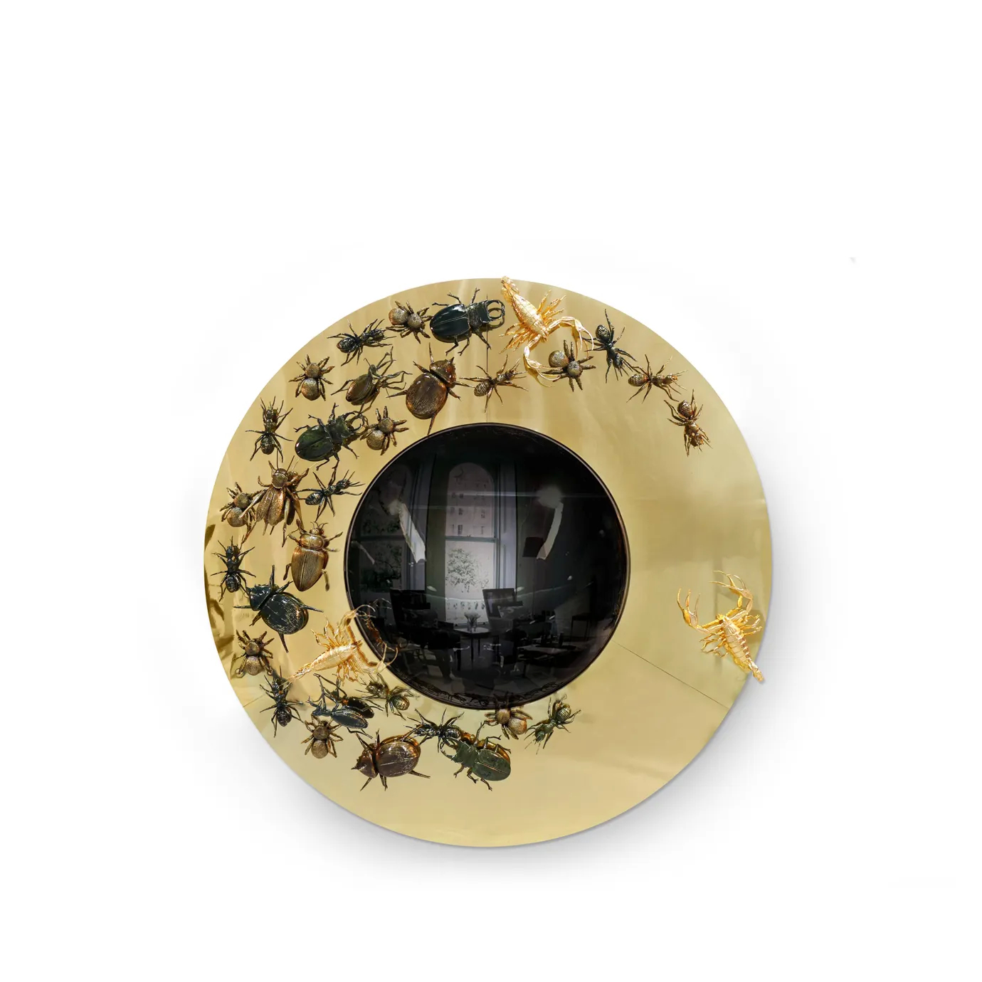 Convex mirror surrounded by intricate insect sculptures, creating a unique blend of natural inspiration and artistic design