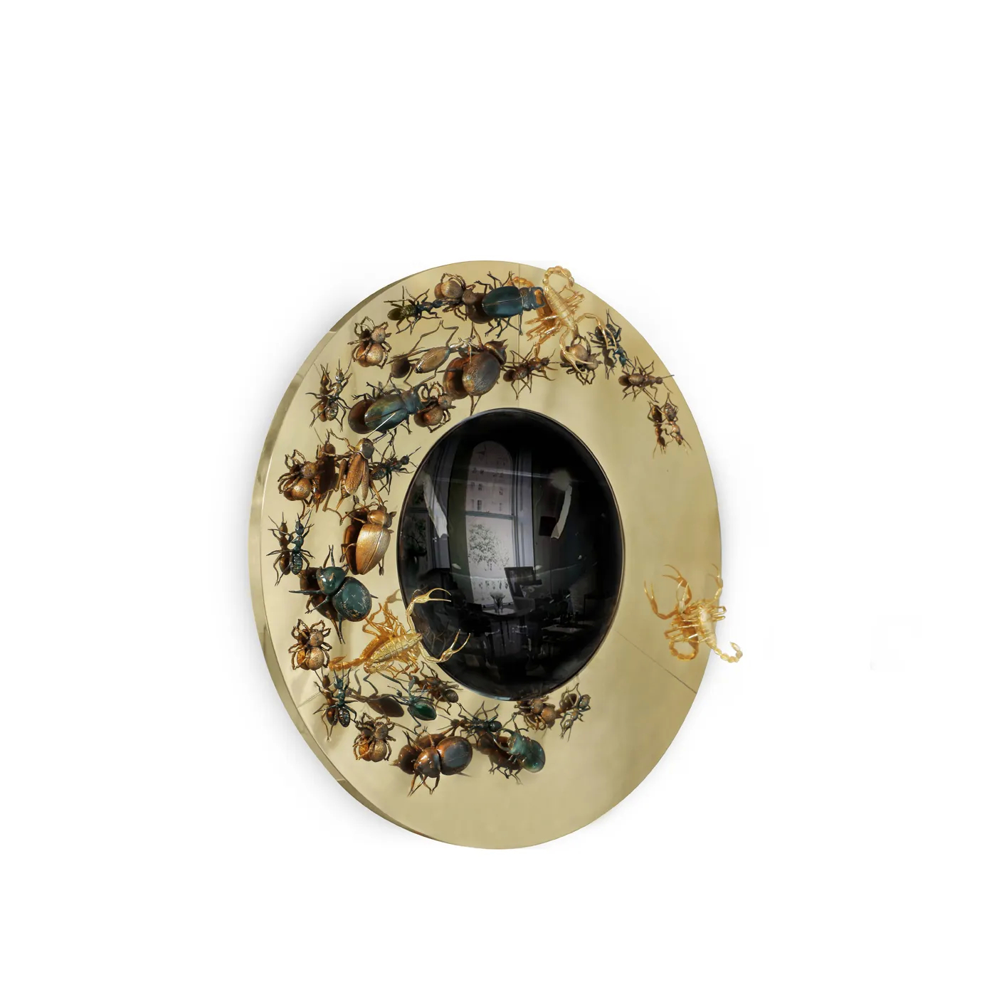 Side view of a convex mirror with detailed insect sculptures, highlighting three-dimensional artistry and textured surface design