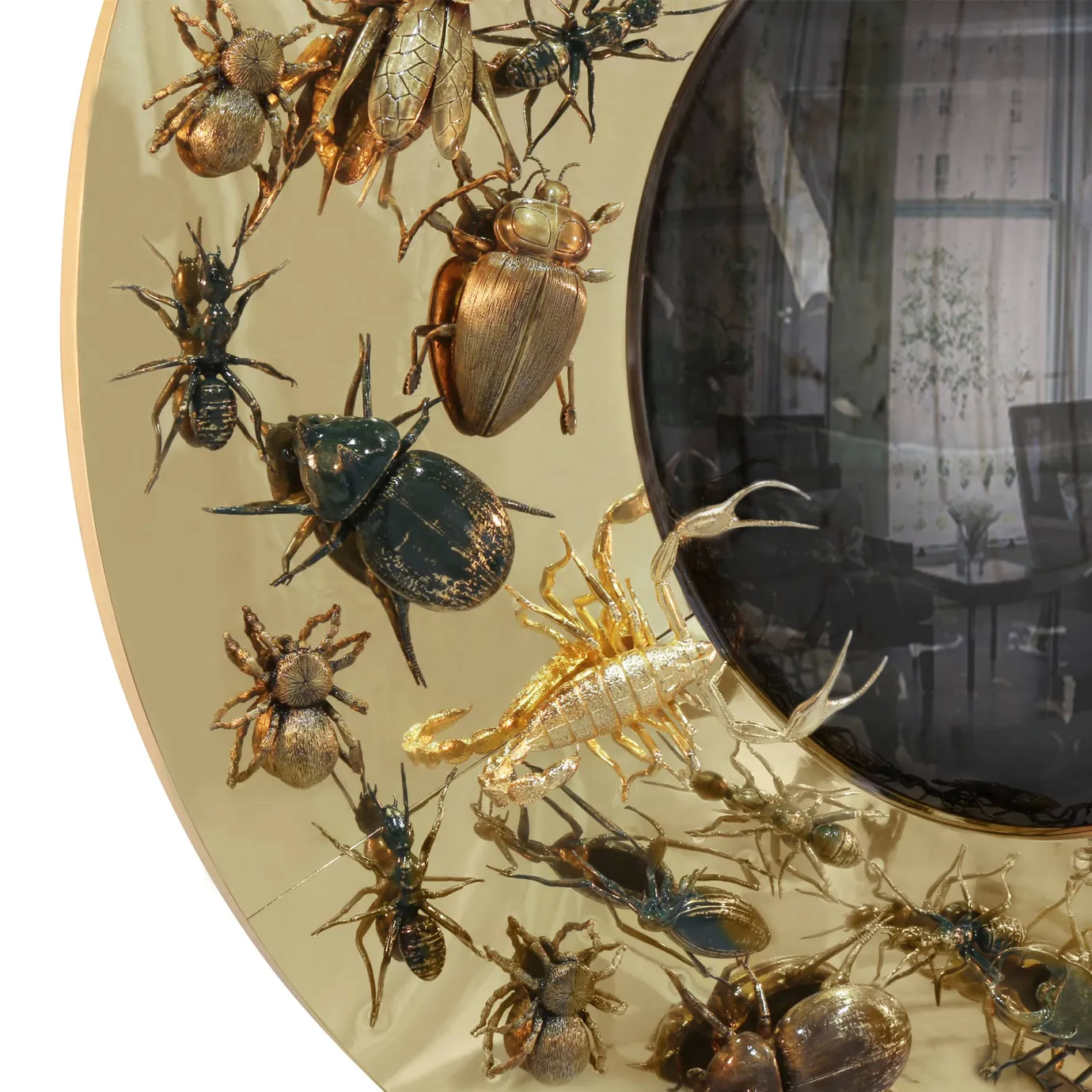 Close-up detail of intricate insect sculptures on the convex mirror, showcasing fine craftsmanship and lifelike textures in metallic finish