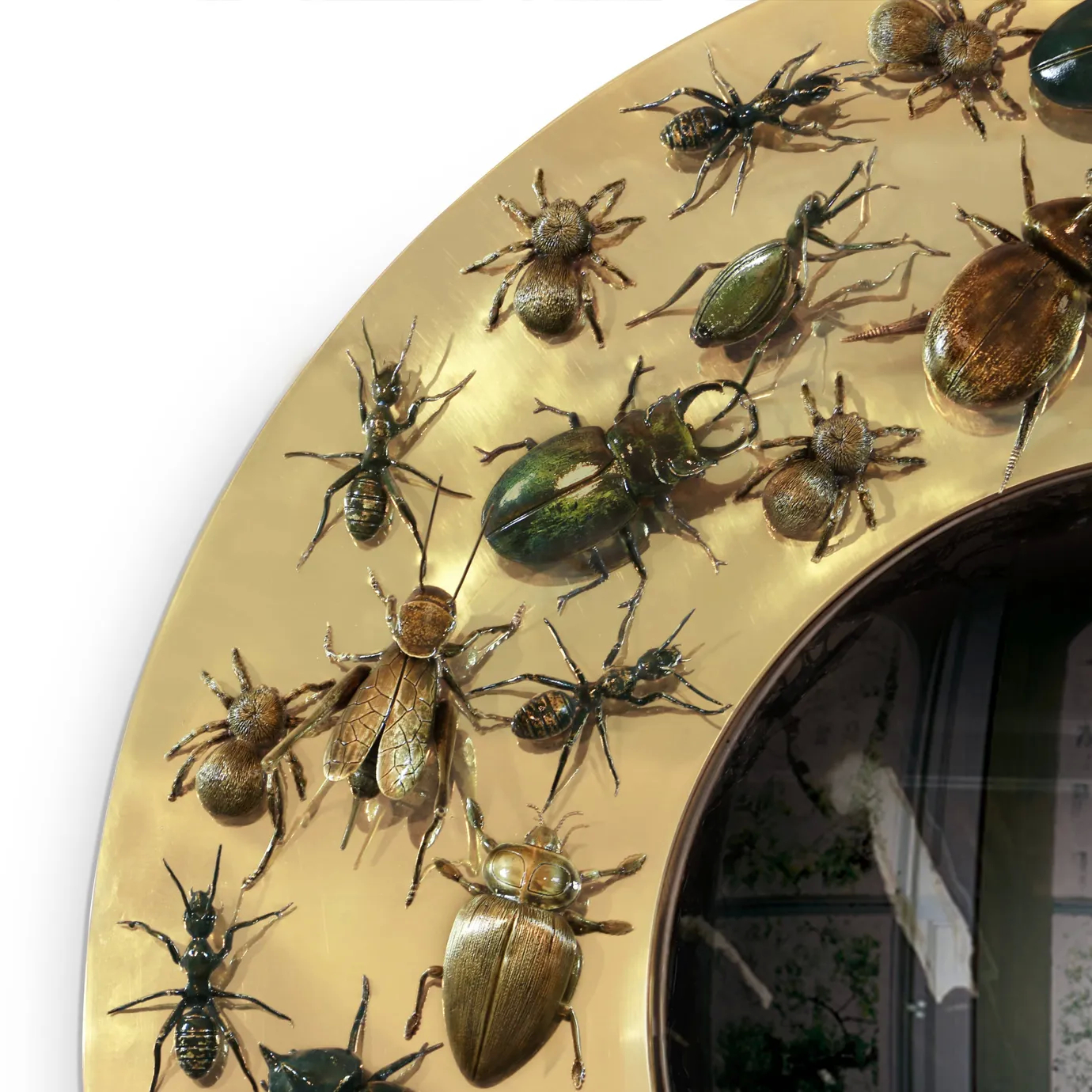 Close-up view of detailed insect sculptures on the convex mirror, highlighting realistic wing patterns and metallic textures in artistic design