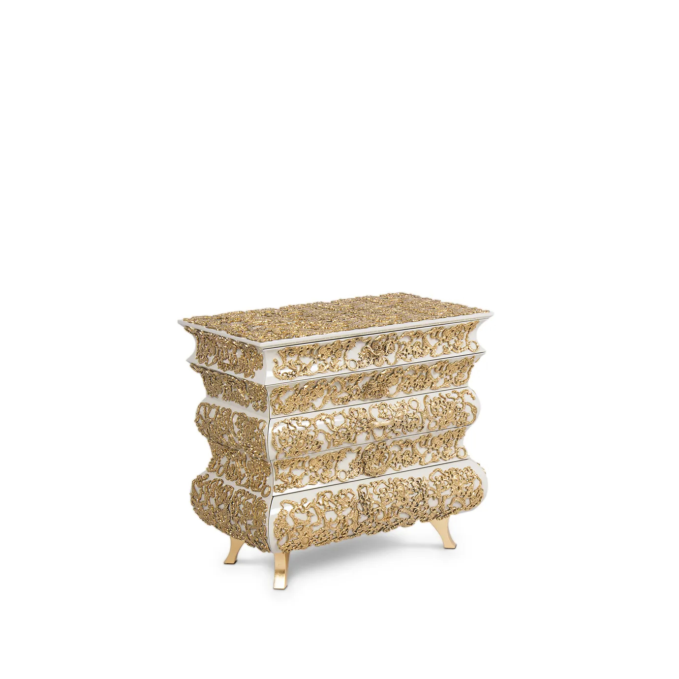Modern white nightstand with geometric openwork detail, highlighting minimalist design and elegant craftsmanship