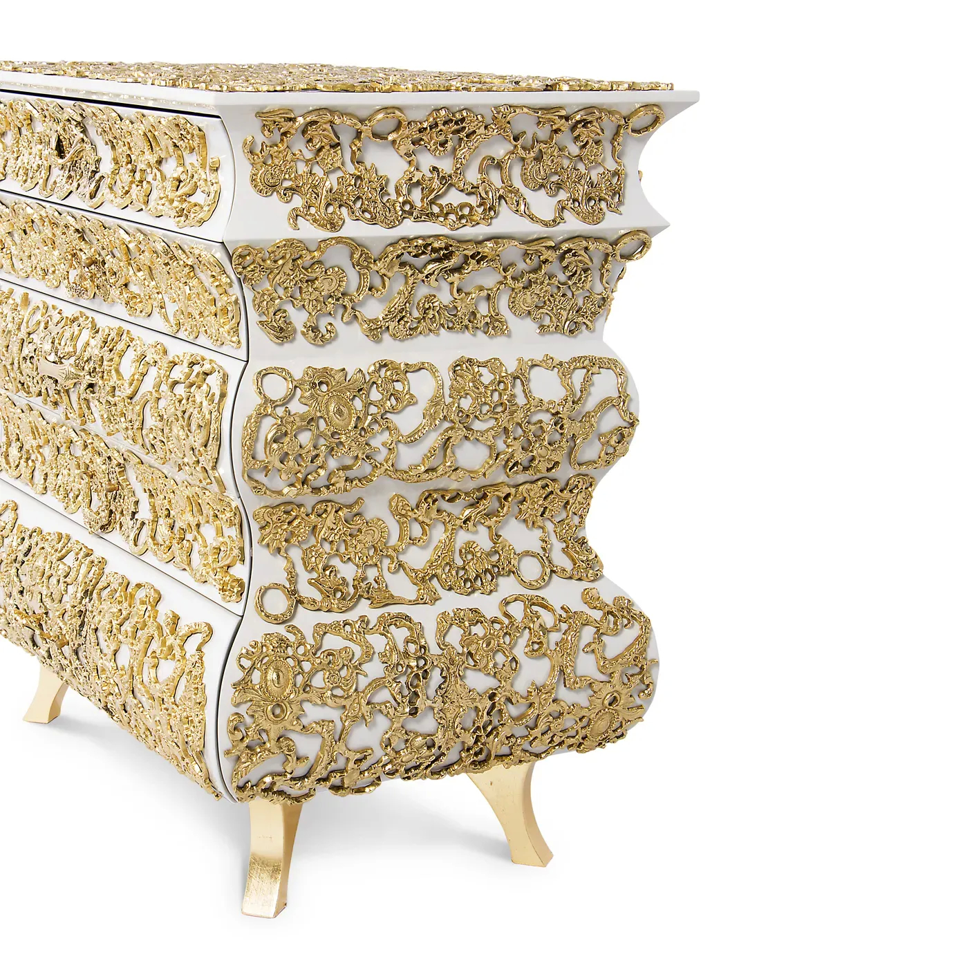 Close-up view of a modern white nightstand showcasing intricate geometric openwork detailing and smooth surface texture