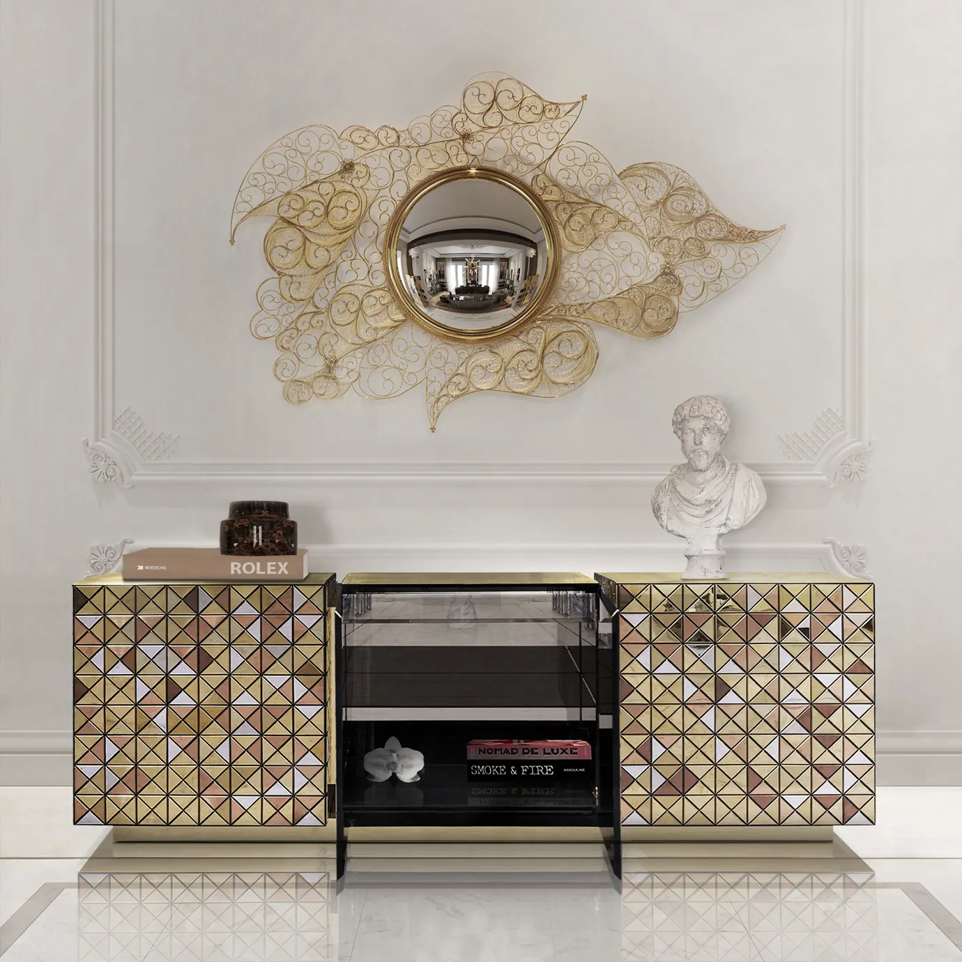 Modern dark wood sideboard with open doors in a contemporary living room setting, displaying interior storage and minimalist design
