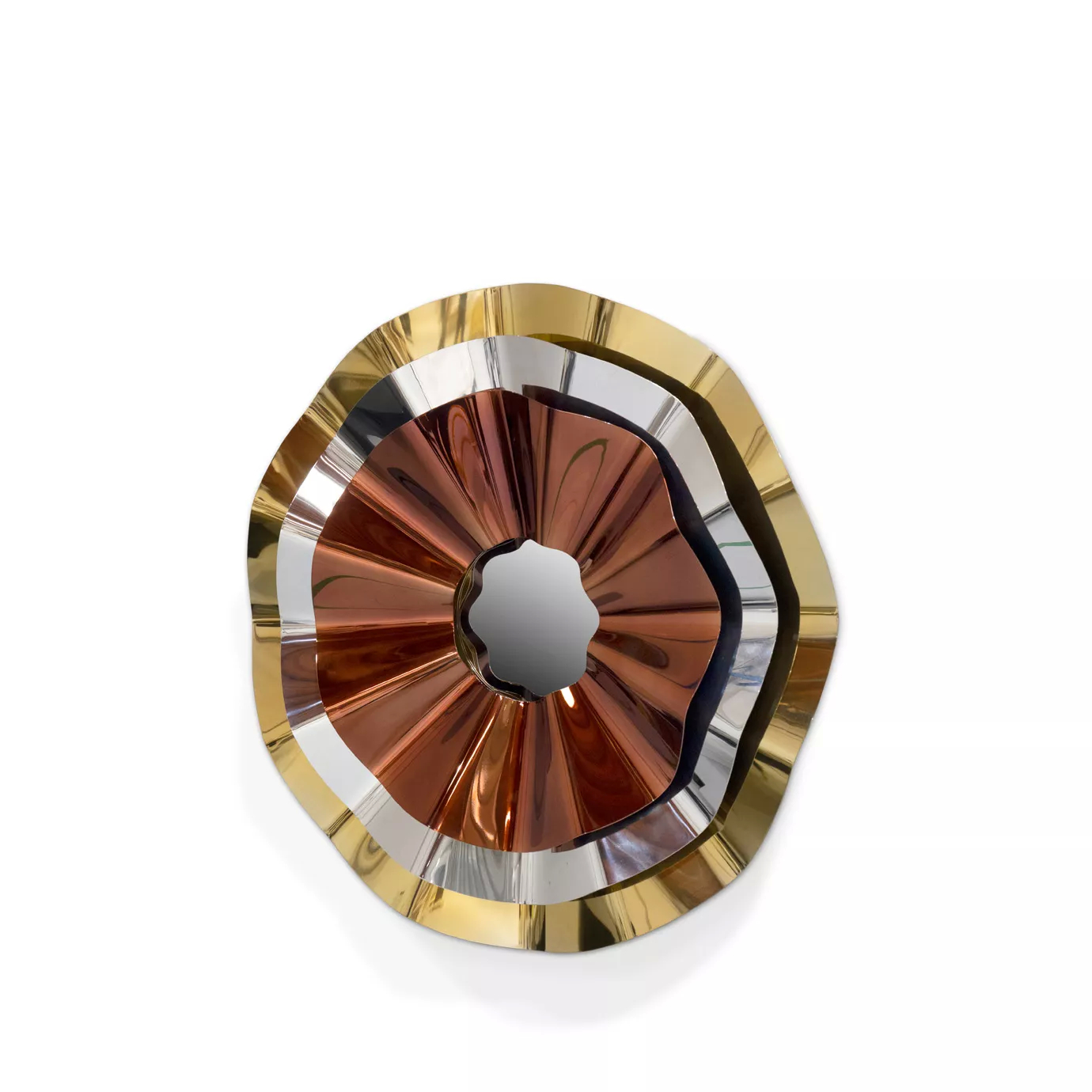 Revê 3 Tier Mirror, with a convex mirror with three rings around it, a golden, a silver and a copper one, arching back and forth as a frame.