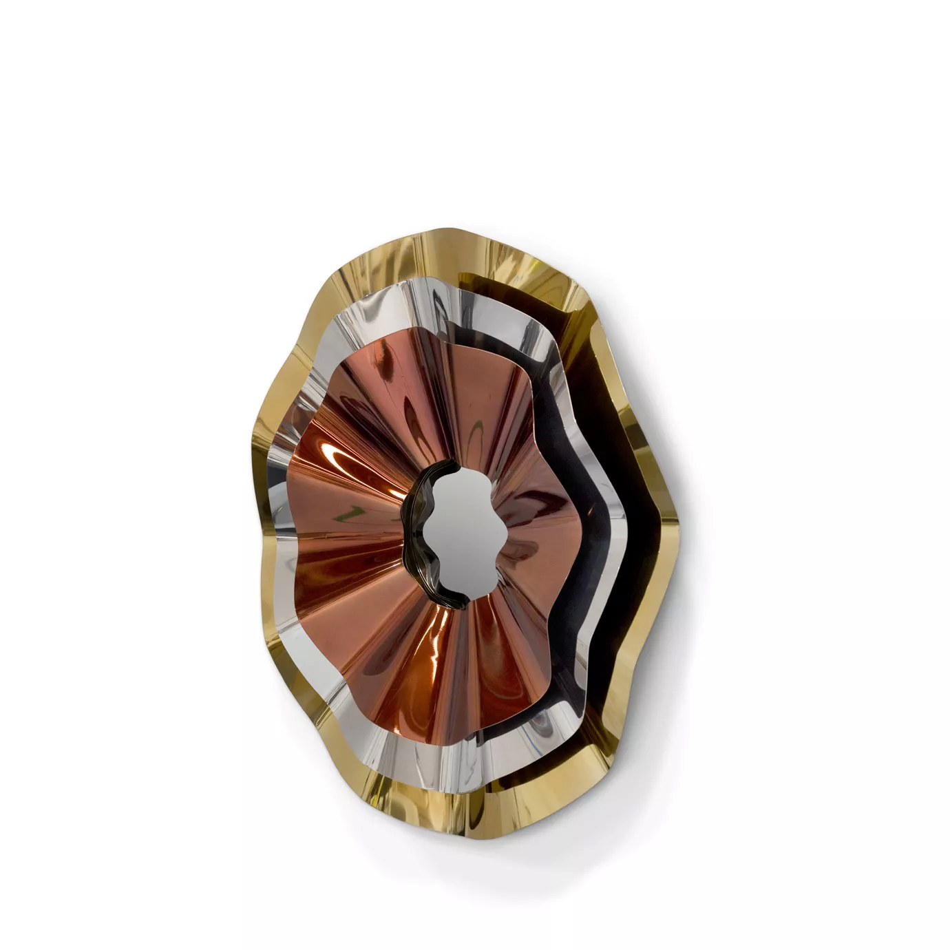 Revê 3 Tier Mirror: featuring a convex mirror with a frame with three rings surrounding it arching back and forth, a golden, a silver and a copper one.