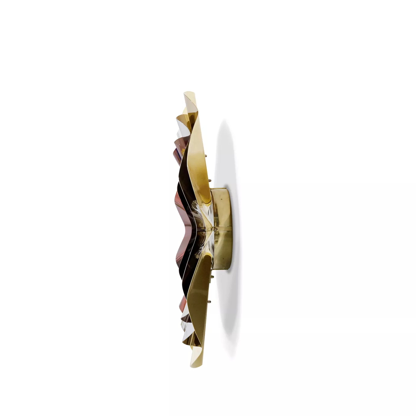 Side view of the Revê 3 Tier Mirror, showcasing how the three frames – golden, silver and copper - arch back and forth.