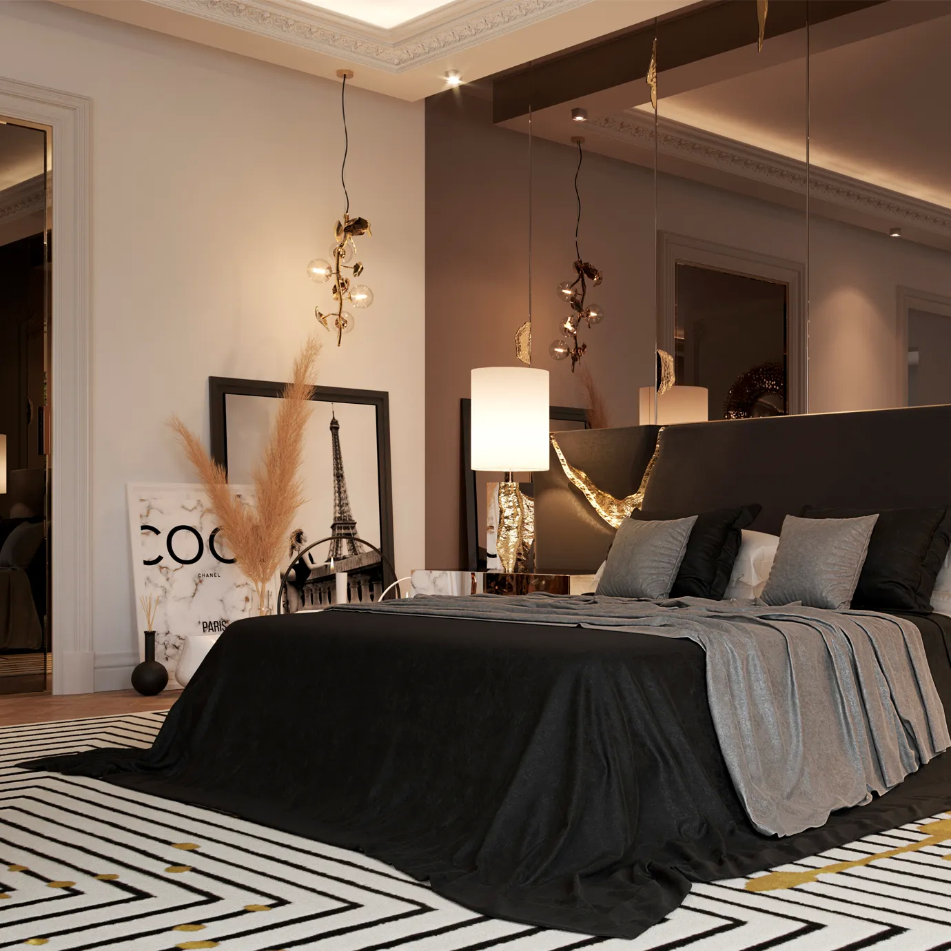 Elegant gold pendant light adds warmth and charm to a luxurious bedroom setting.