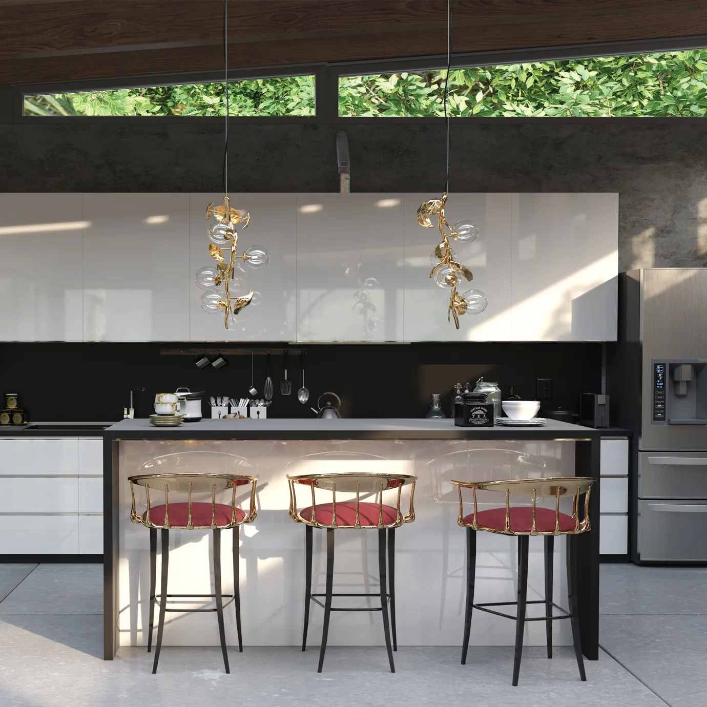 Sleek gold pendant light creates a sophisticated atmosphere in a modern kitchen.