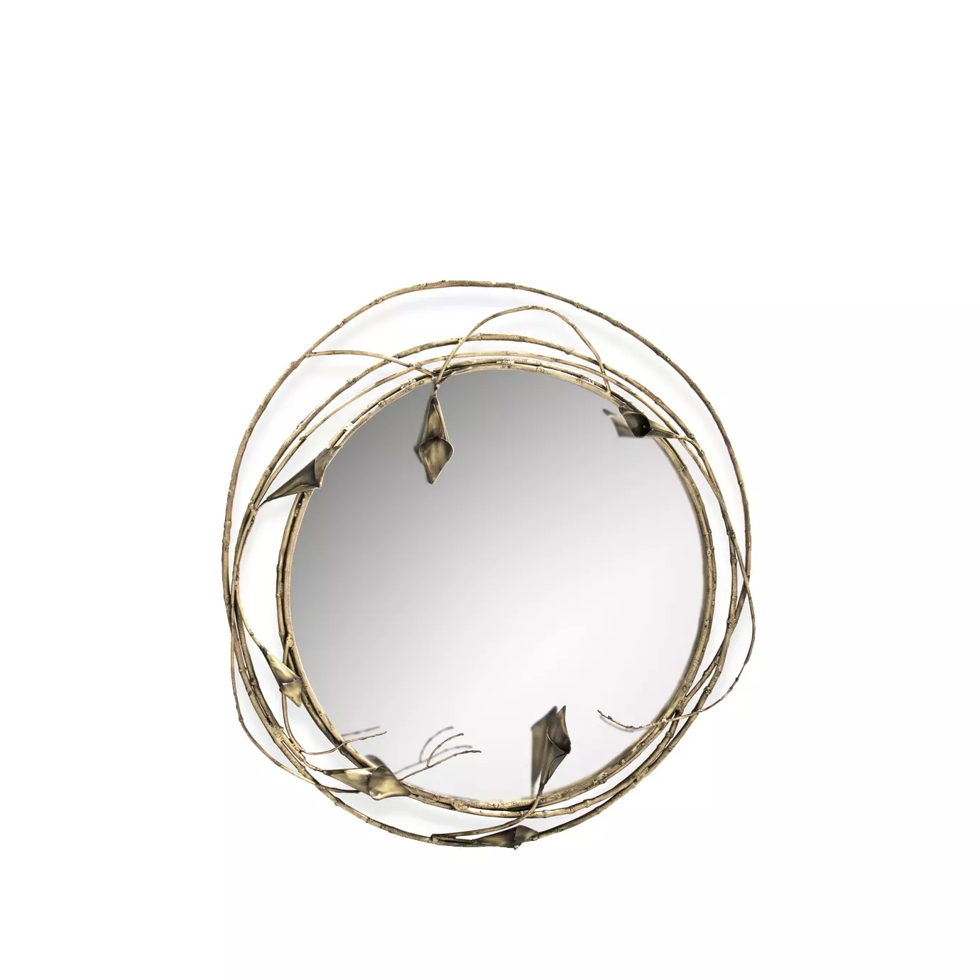 Stella Mirror in a circular form with a copper-collored artistic floral frame, resembling intertwined stems and Calla Lilies around the clear mirror.