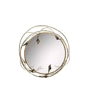 Stella Mirror in a circular form with a copper-collored artistic floral frame, resembling intertwined stems and Calla Lilies around the clear mirror
