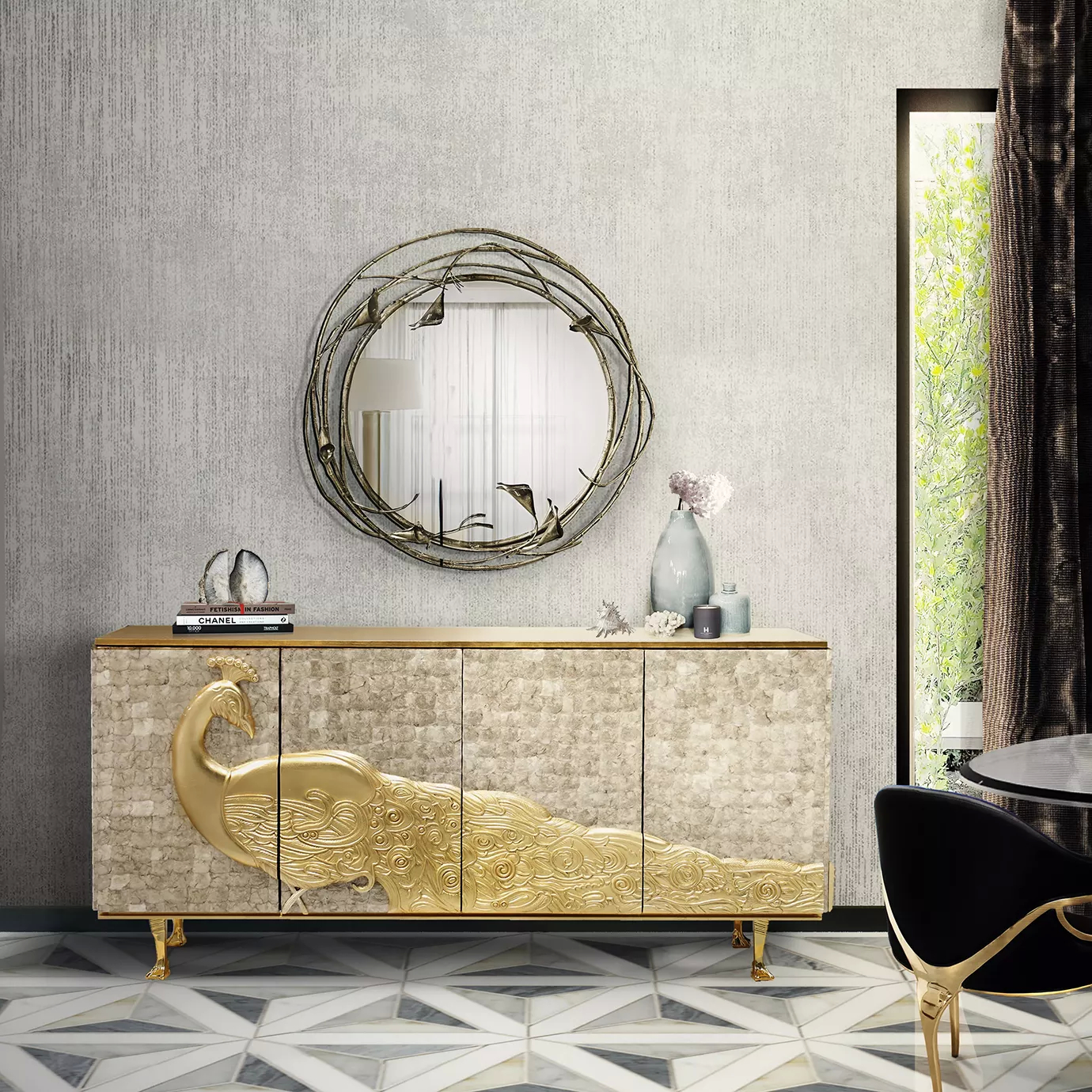 A modern space with a Stella Mirror in copper tones, with a frame that reminisce stems and flowers, paired with a sideboard in neutral shades with golden accents resembling a peacock.