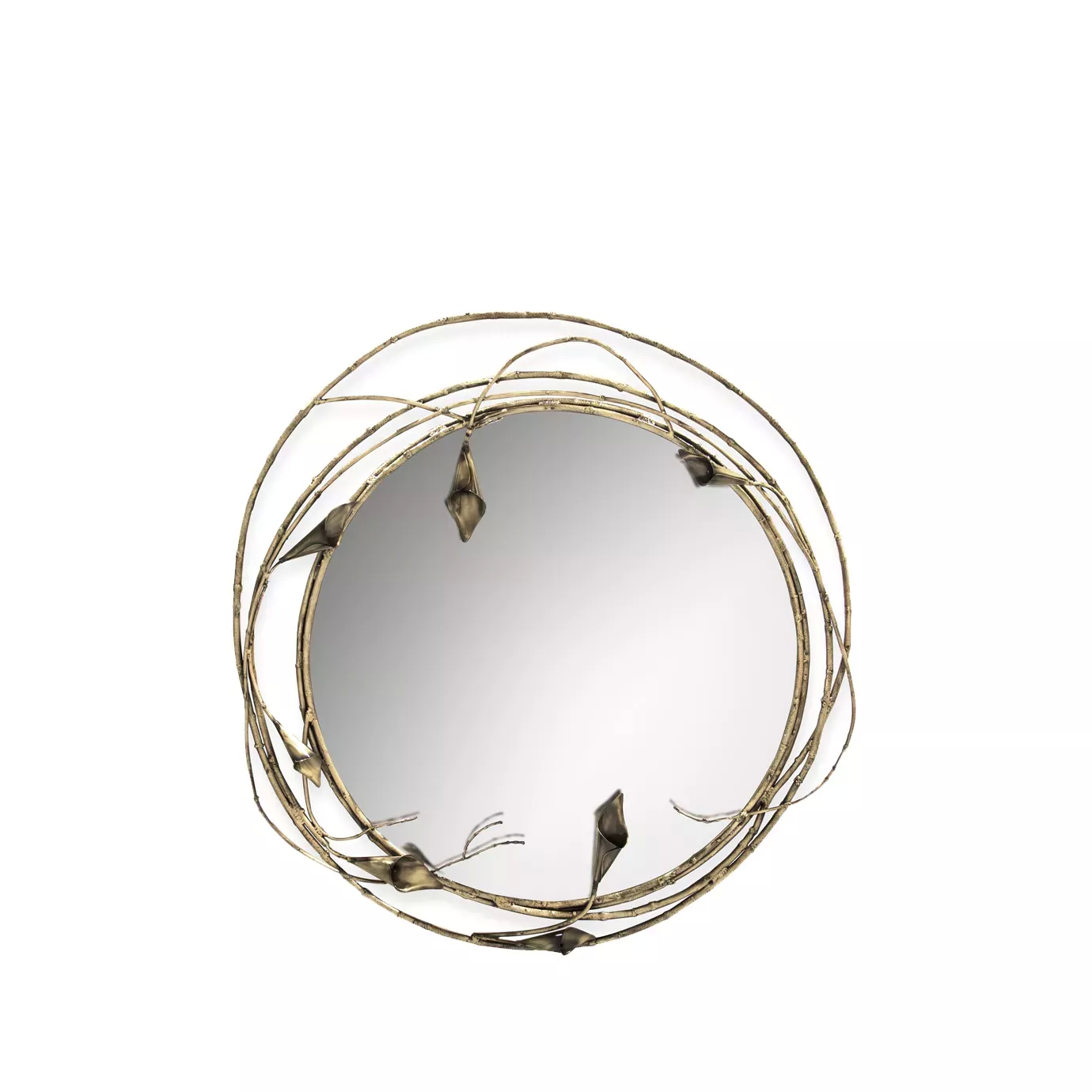Stella Mirror in a circular form with a copper-collored artistic floral frame, resembling intertwined stems and Calla Lilies around the clear mirror
