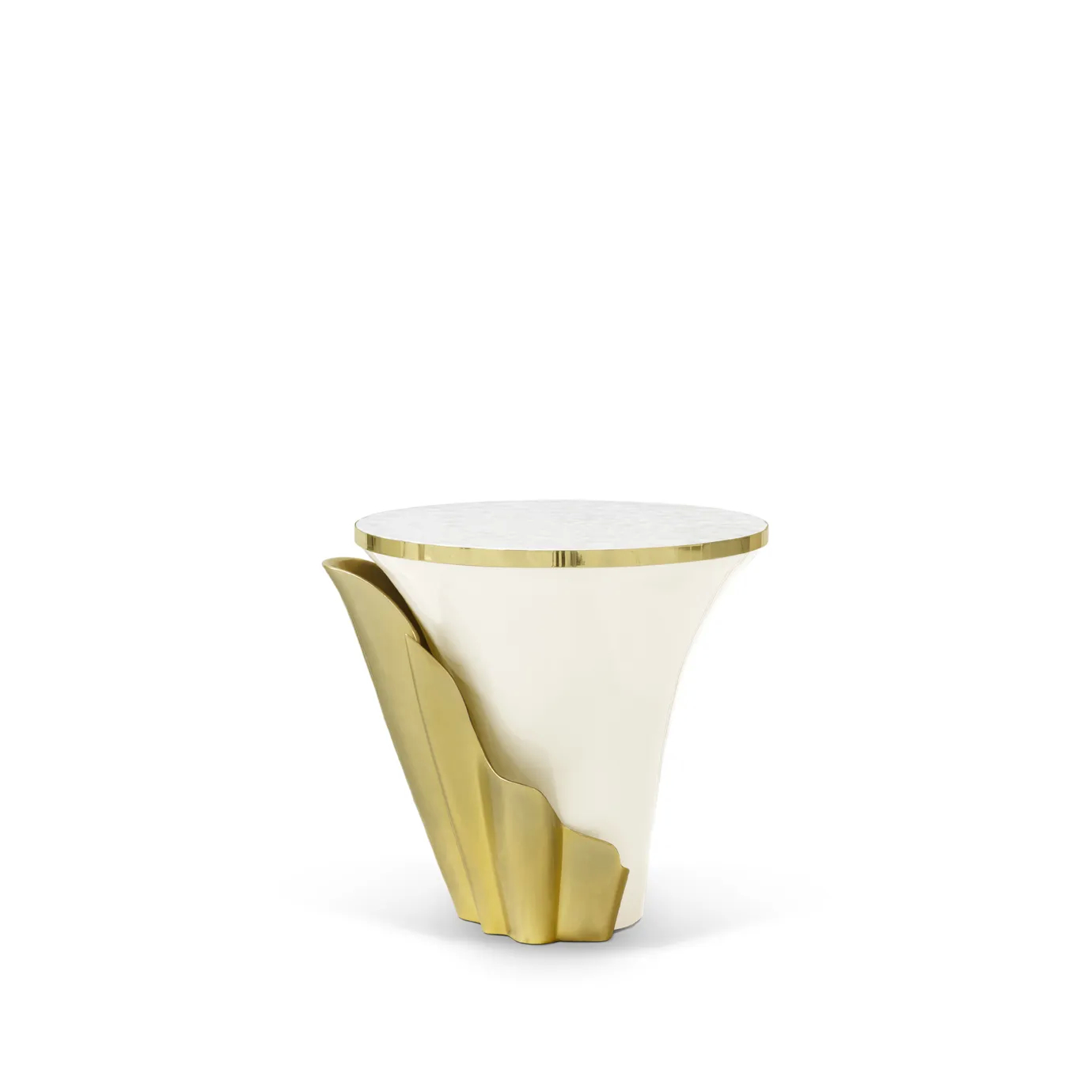 Featuring a sultry silhouette, Yasmine Mother of Pearl Side Table has a Mother of Pearl tabletop with golden edges, set on a cream wooden base, adorned with an golden structure that arches back and forth.