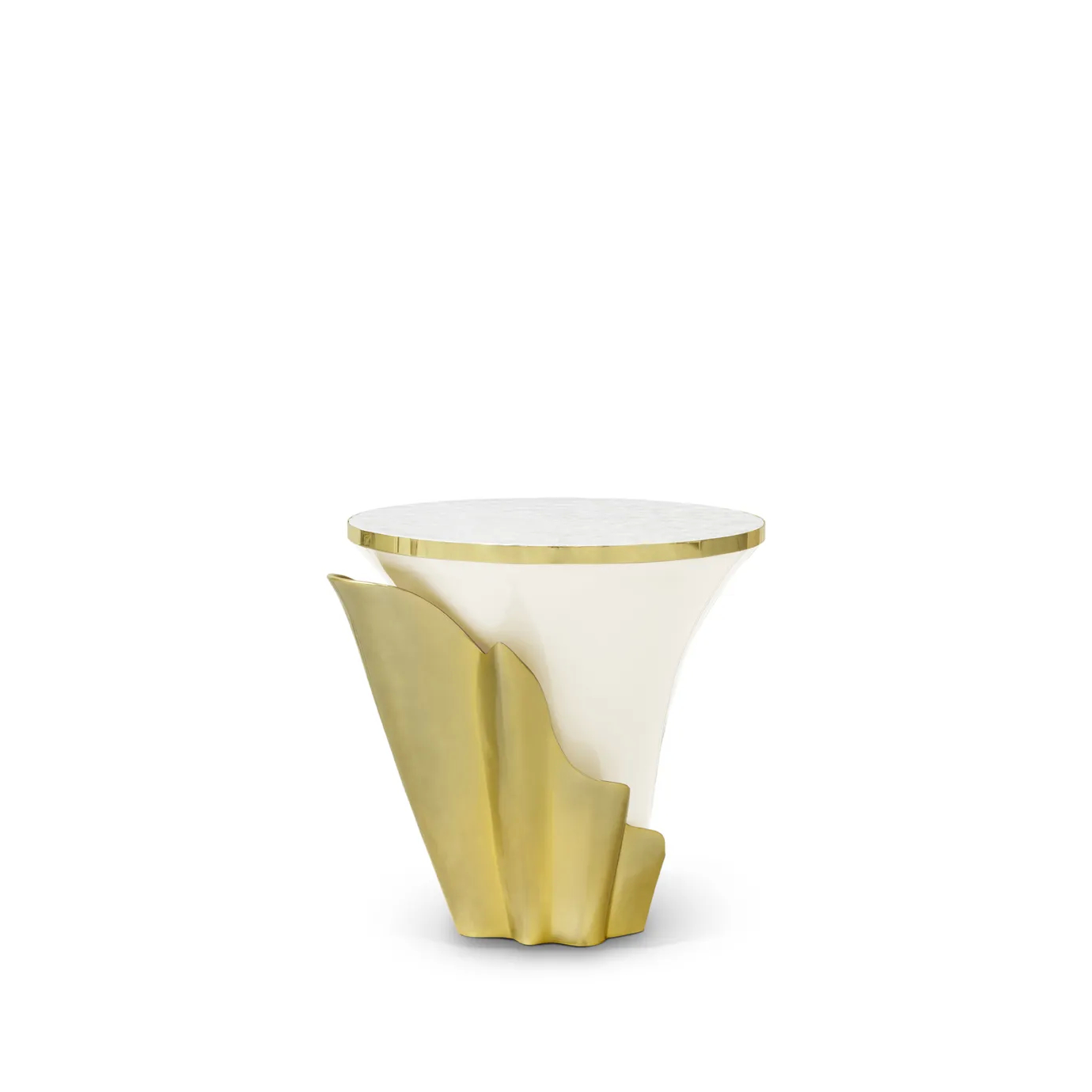 Featuring a sultry silhouette, Yasmine Mother of Pearl Side Table has a Mother of Pearl tabletop with golden edges set on a cream solid wooden base. The base is adorned with a golden structure that arches back and forth.