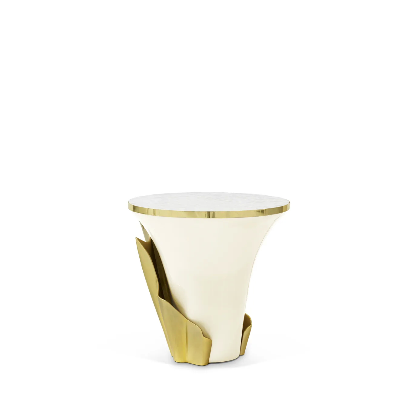 Yasmine Mother of Pearl Side Table: with a sultry silhouette, this luxurious side table has a Mother of Pearl tabletop with golden edges set on a cream solid wooden base, adorned with a golden structure.