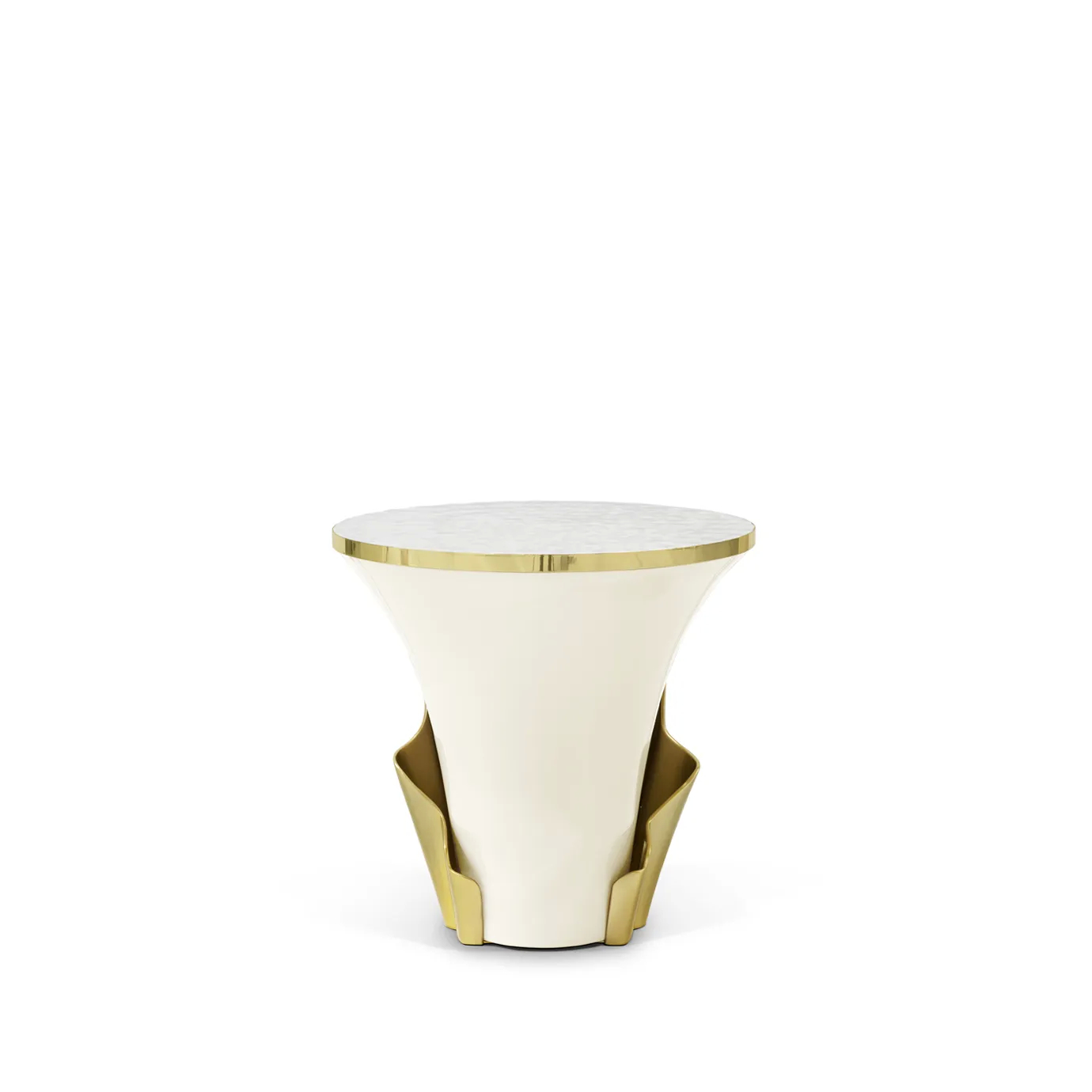 Yasmine Mother of Pearl Side Table: featuring a mother of pearl tabletop with golden edges, this side table has a golden structure that arches back and forth around the cream wooden base.
