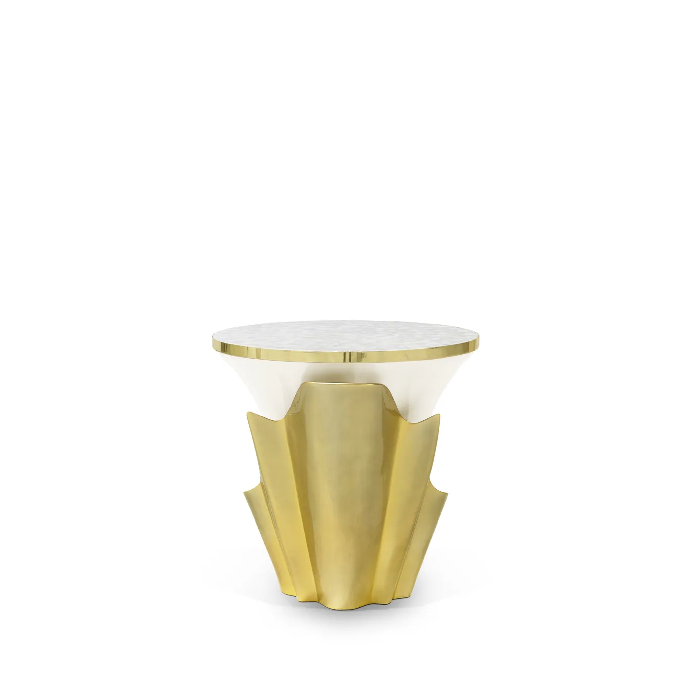 With emphasis on the golden structure that arches back and forth around the cream solid wooden base, the Yasmine Mother of Pearl Side Table has a mother of pearl tabletop with golden edges.